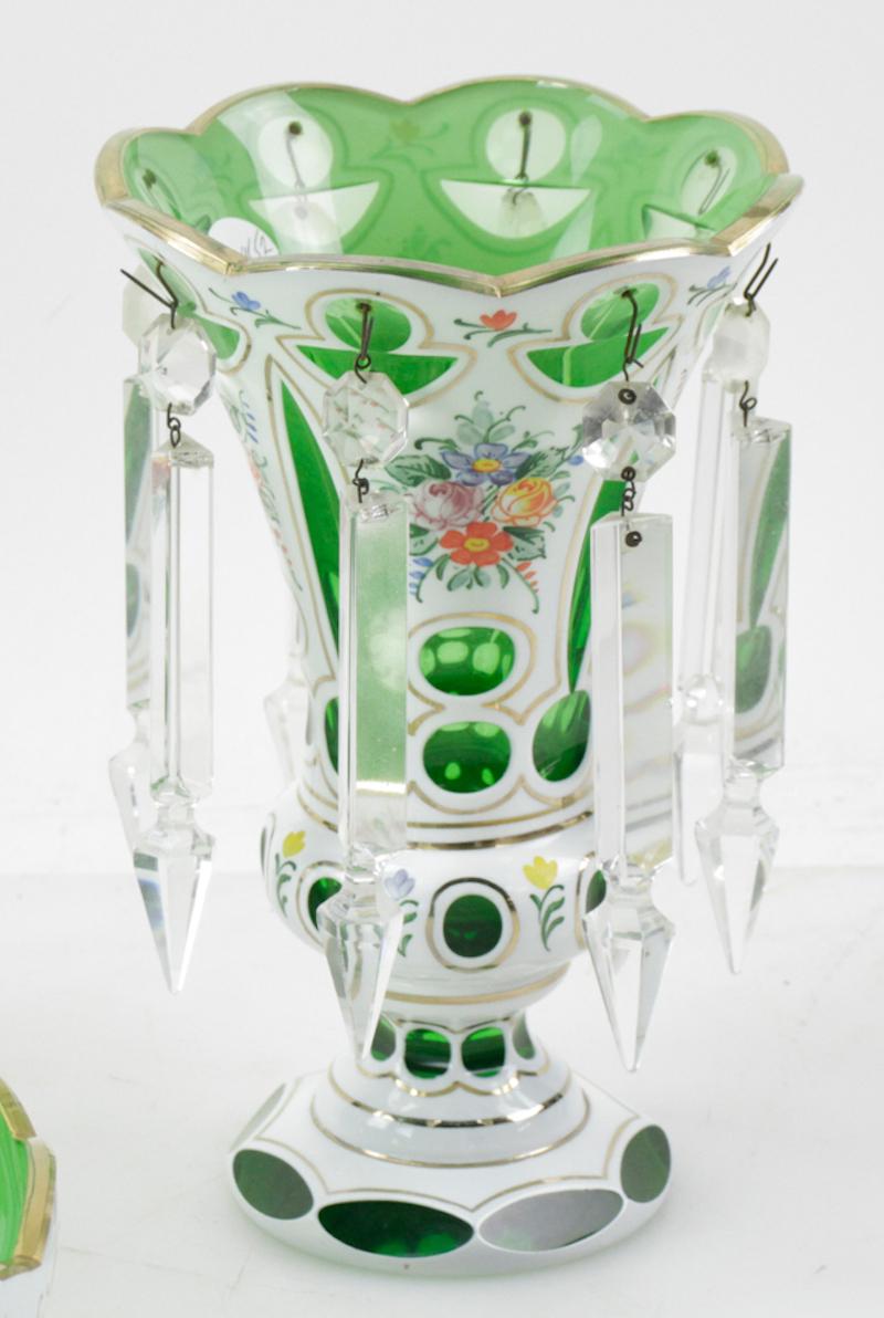 Antique Czech Bohemian Apple Green Glass Crystal Lusters and Bowl  In Good Condition For Sale In Essex, MA