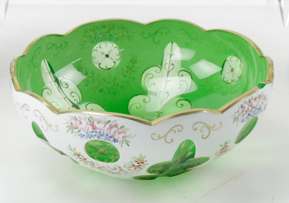 Antique Czech Bohemian Apple Green Glass Crystal Lusters and Bowl  In Good Condition For Sale In Essex, MA