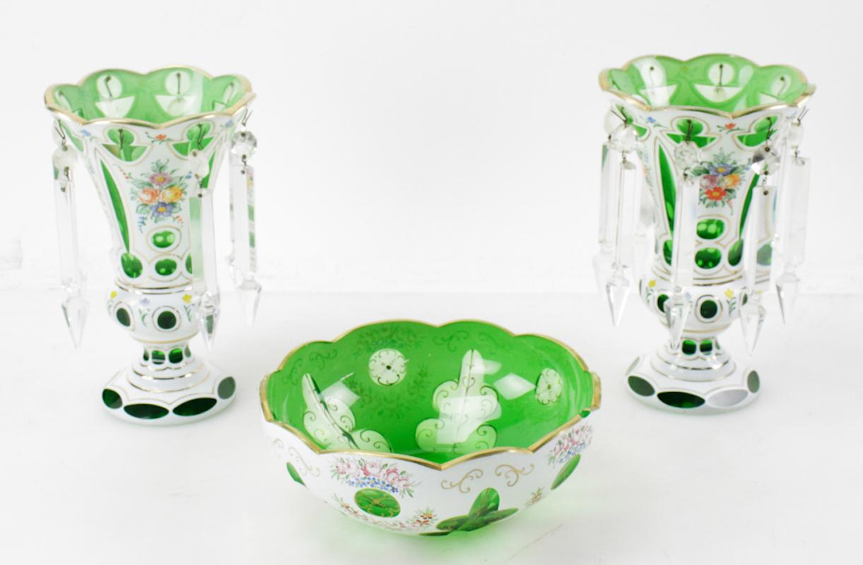Antique Czech Bohemian Apple Green Glass Crystal Lusters and Bowl  For Sale 1