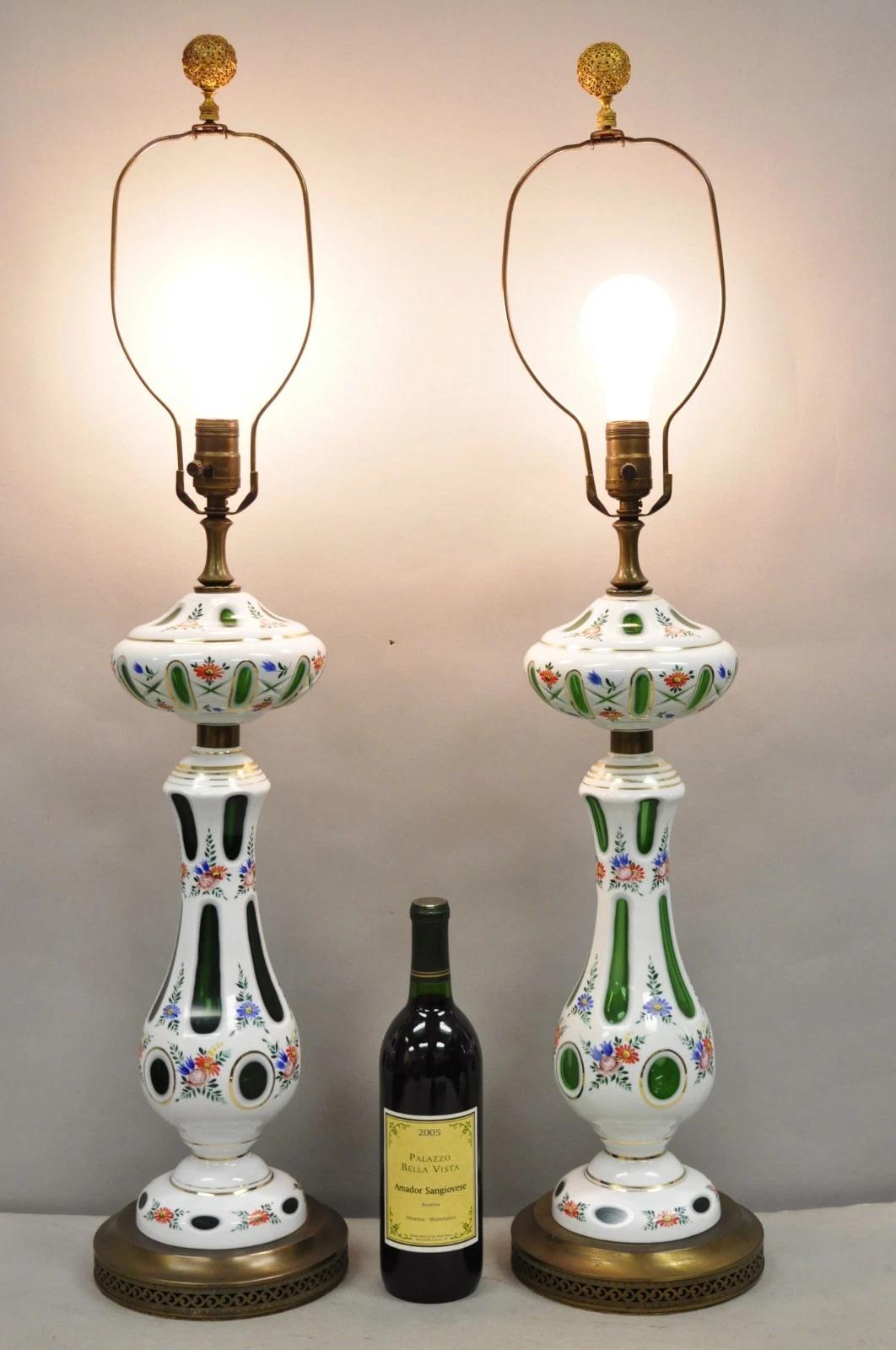 Antique Bohemian Glass Emerald Green Flower Painted Tall Table Lamps (slight variance in green color) - a Pair. Circa Early 20th Century. Dimensions : 36