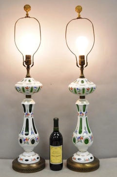 Antique Czech Bohemian Glass Emerald Green Flower Painted Table Lamps - a Pair