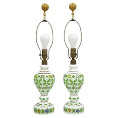 Antique Czech Bohemian Glass Emerald Green Flower Painted Table Lamps - a Pair