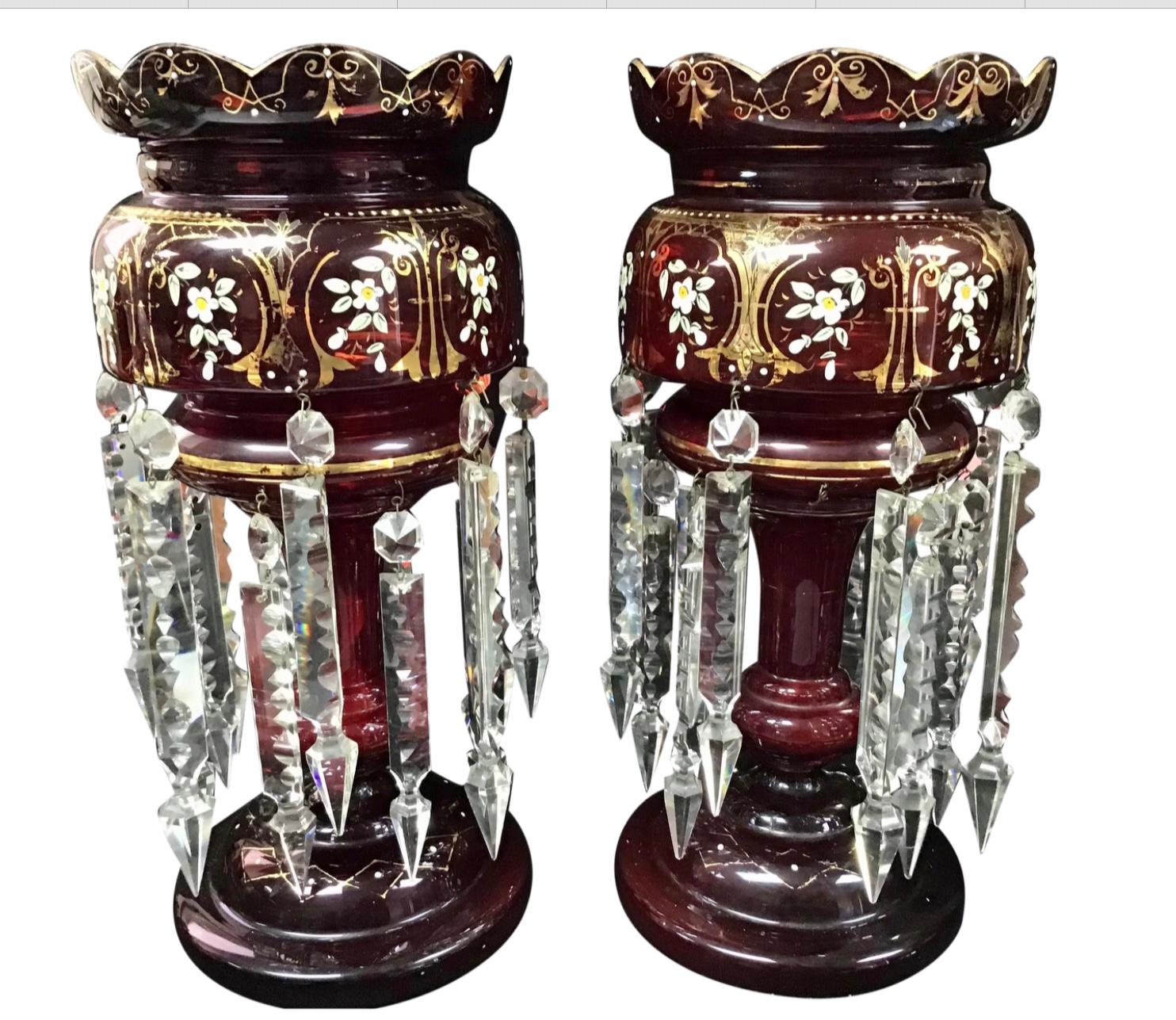 20th Century Antique Czech Bohemian Gold Cranberry Red Glass Crystal Lusters, a Pair