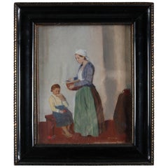 Antique Czech Genre Painting, Mother & Child, Signed Multrus, circa 1920