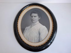 Antique Czech Oval Portrait of Young Woman in Original Black and Gilt Frame