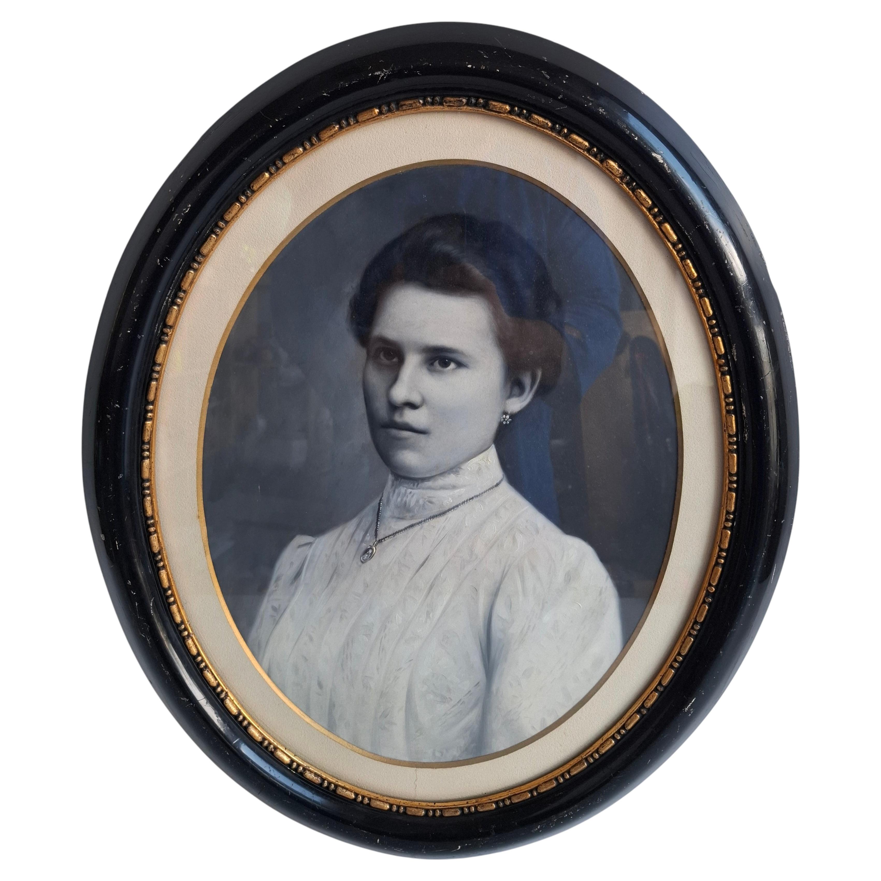 Antique Czech Oval Portrait of Young Woman in Original Black and Gilt Frame