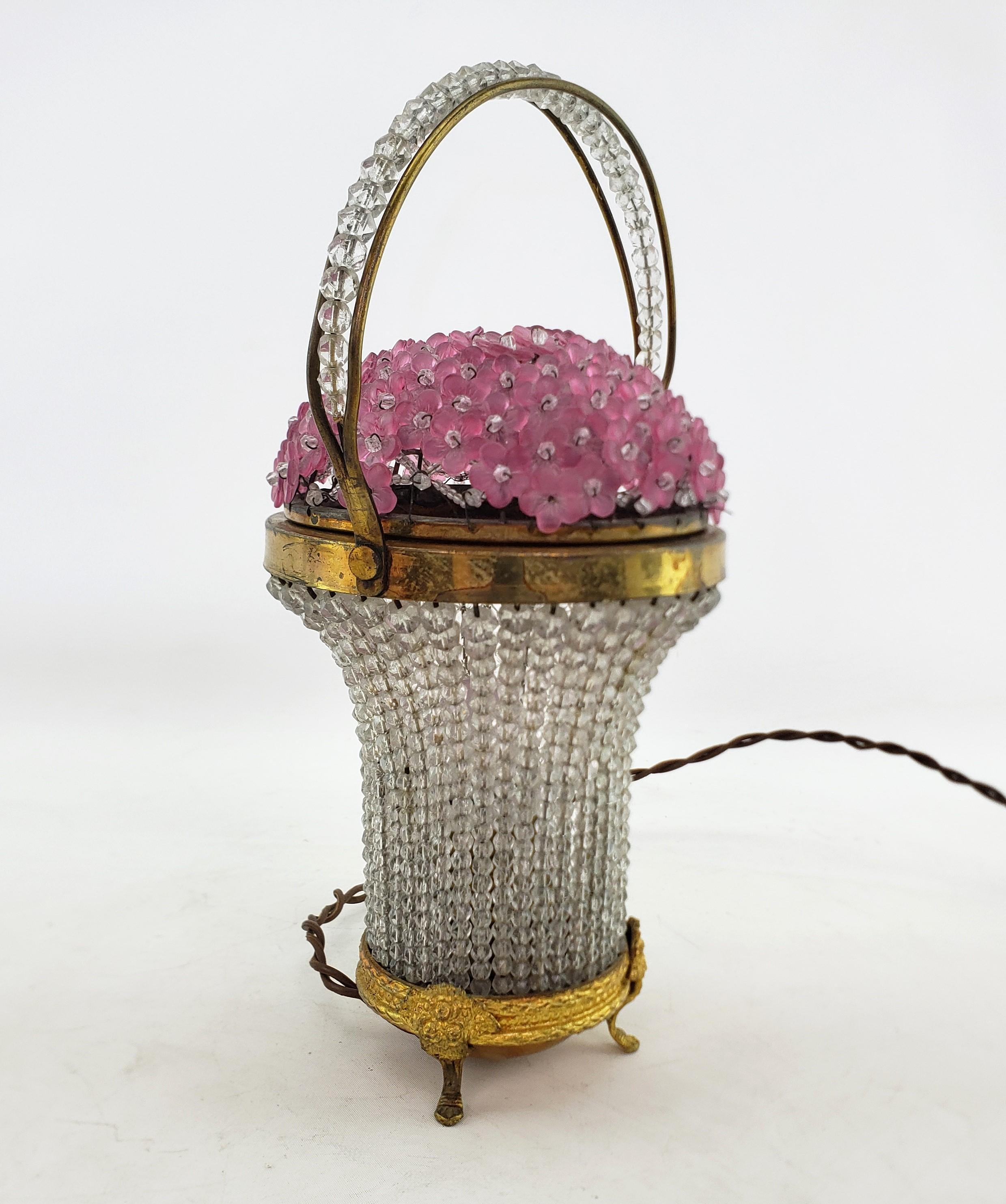 Hand-Crafted Antique Czech Republic Glass Pink Flower Basket Accent Light or Lamp For Sale