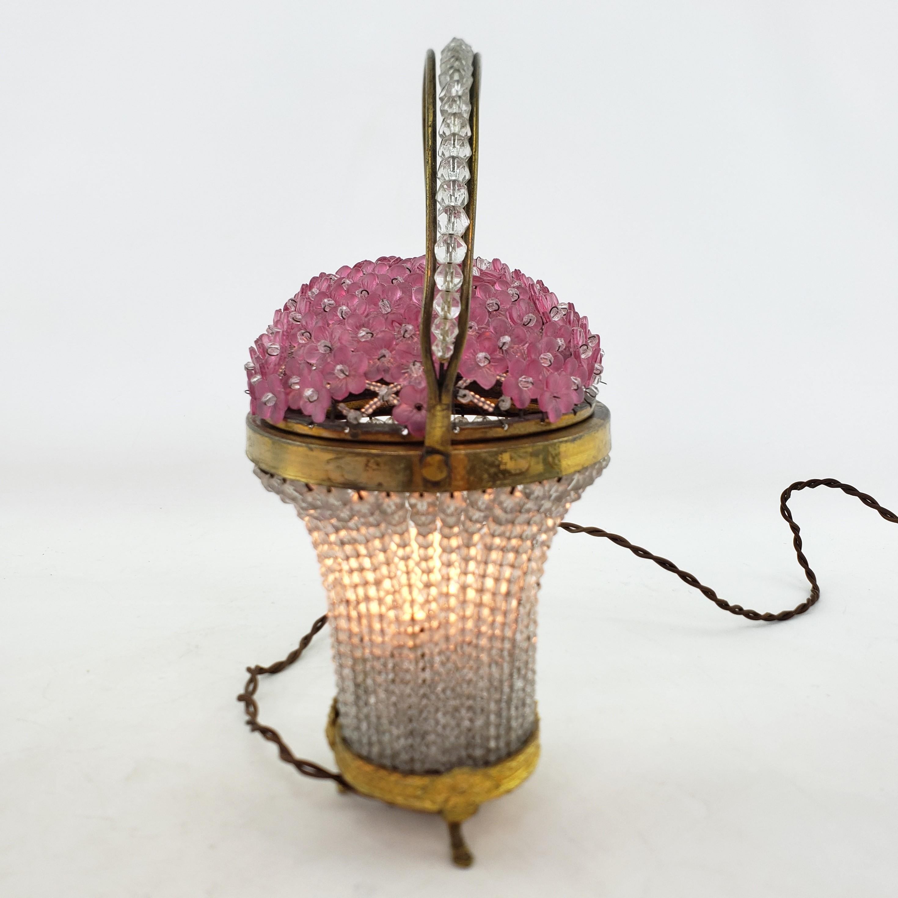 Metal Antique Czech Republic Glass Pink Flower Basket Accent Light or Lamp For Sale