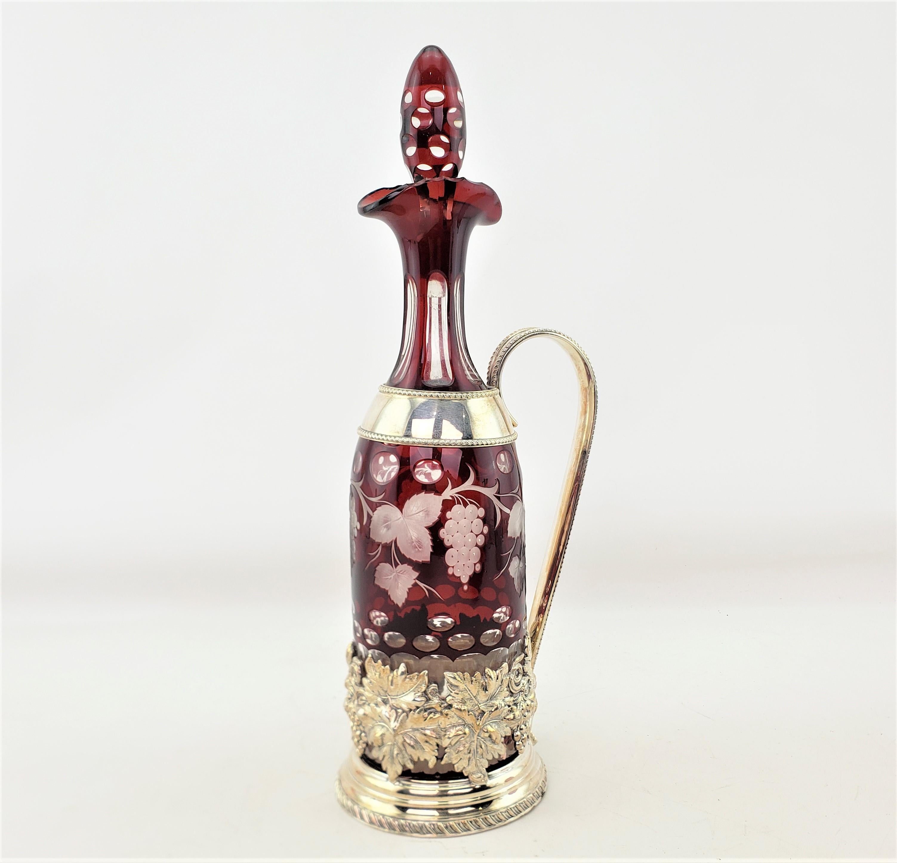 Victorian Antique Czech Ruby Cut to Clear Bottle Decanter with Ornate Silver Plated Stand For Sale