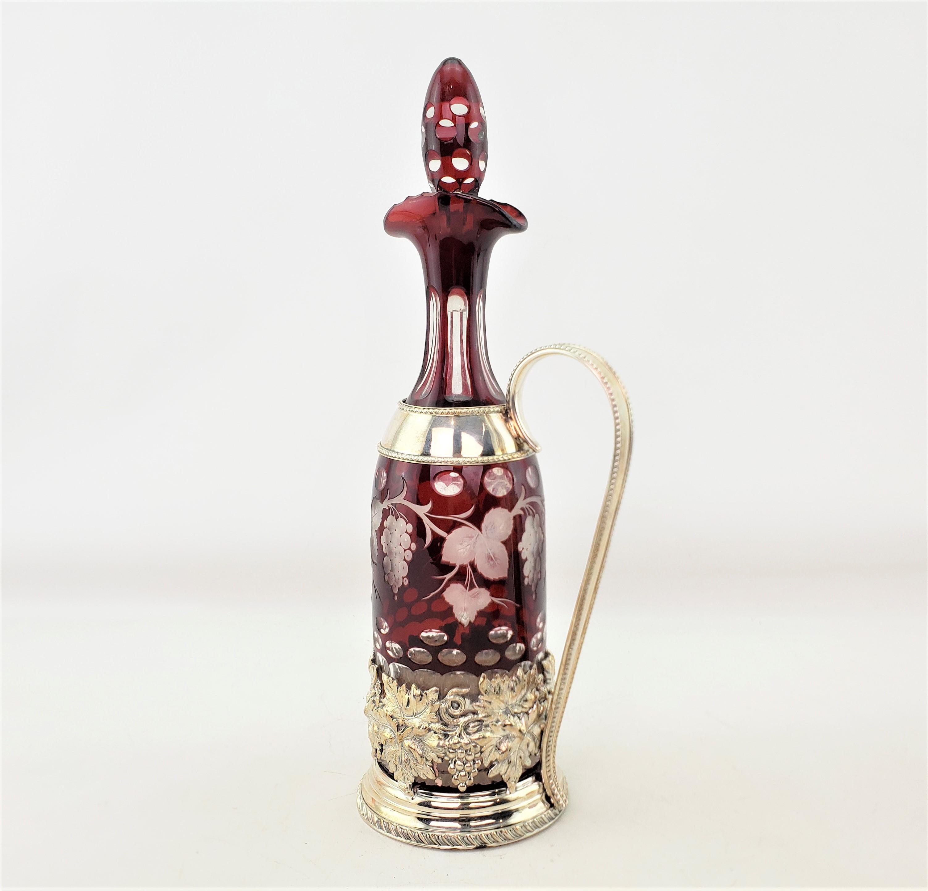 Machine-Made Antique Czech Ruby Cut to Clear Bottle Decanter with Ornate Silver Plated Stand For Sale