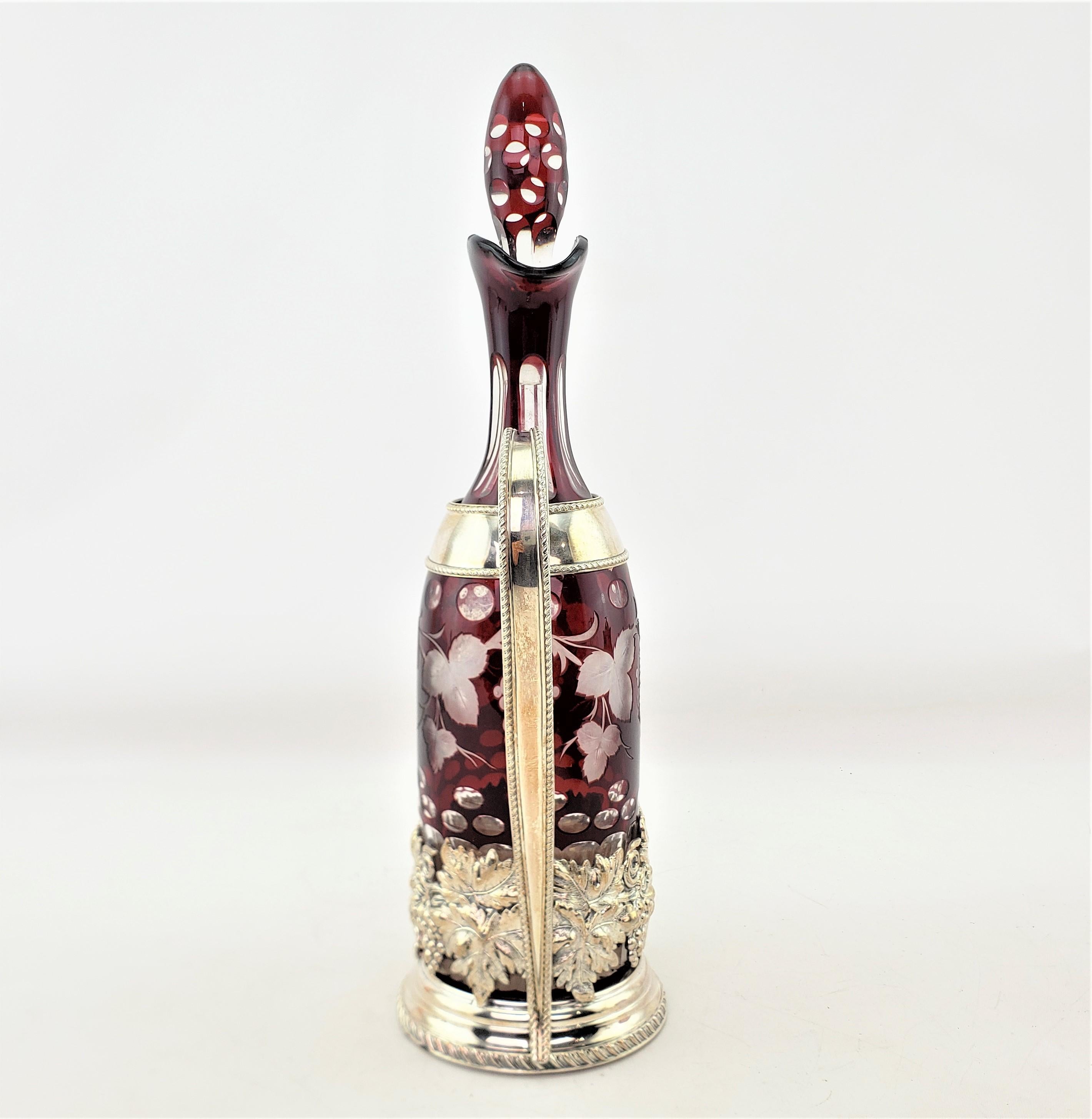 Antique Czech Ruby Cut to Clear Bottle Decanter with Ornate Silver Plated Stand In Good Condition For Sale In Hamilton, Ontario