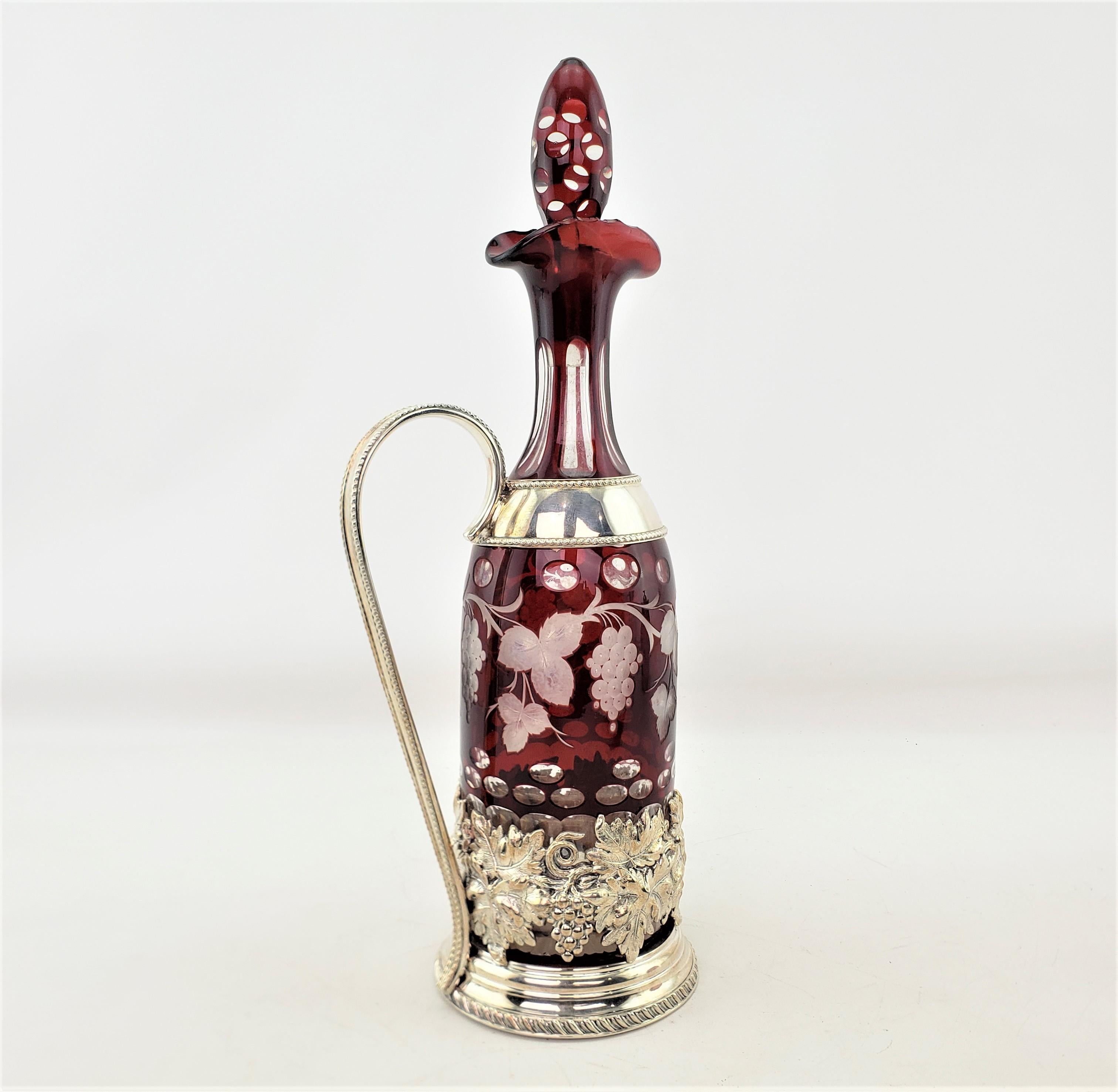 20th Century Antique Czech Ruby Cut to Clear Bottle Decanter with Ornate Silver Plated Stand For Sale