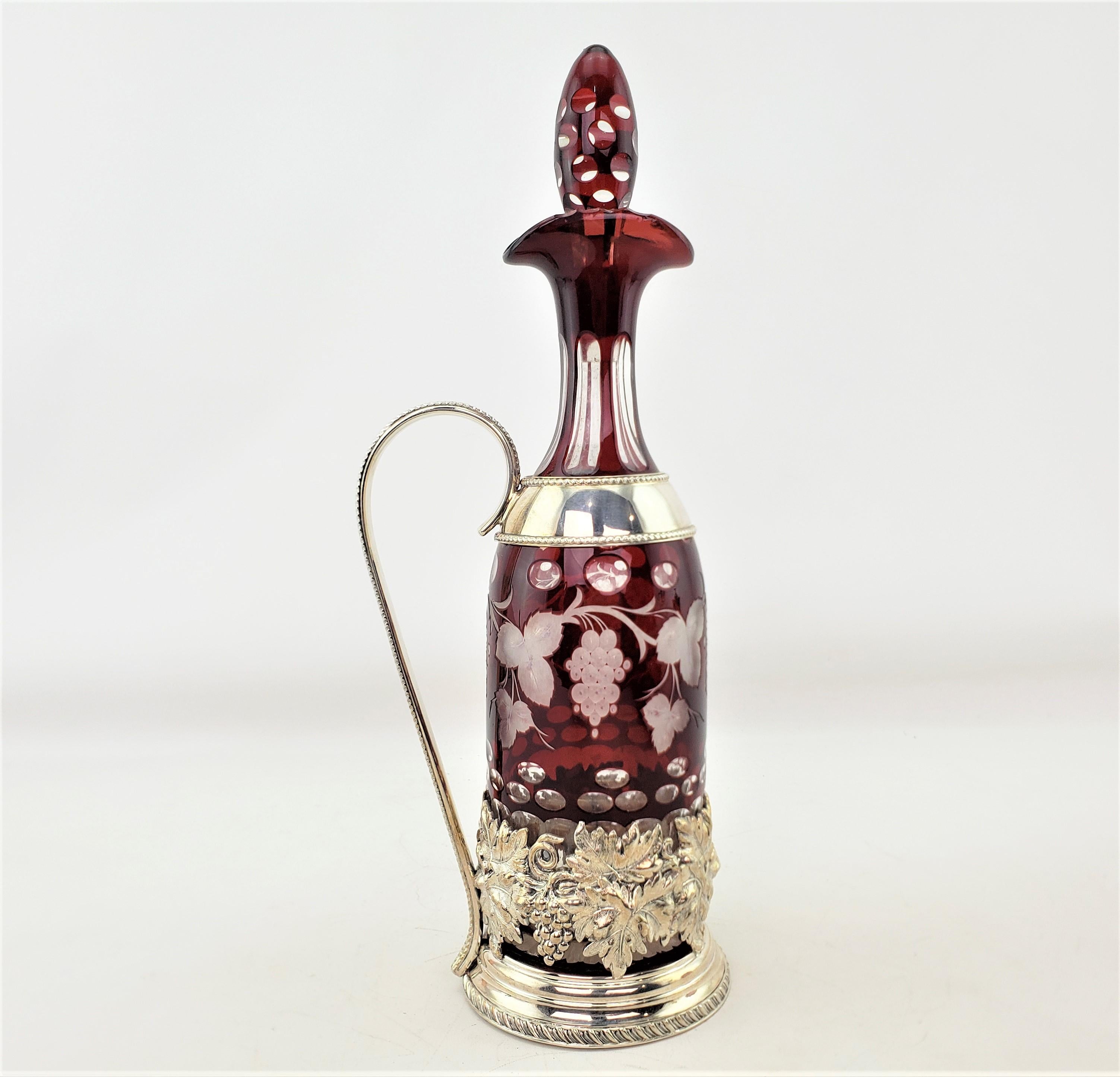 Antique Czech Ruby Cut to Clear Bottle Decanter with Ornate Silver Plated Stand For Sale 1