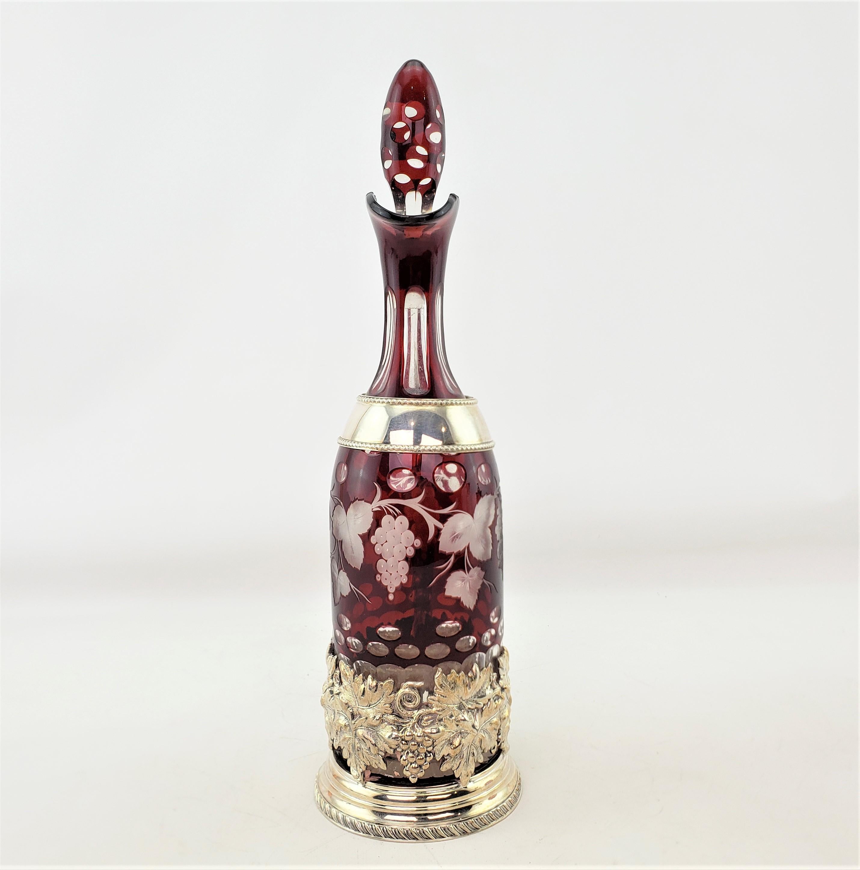 Antique Czech Ruby Cut to Clear Bottle Decanter with Ornate Silver Plated Stand For Sale 2