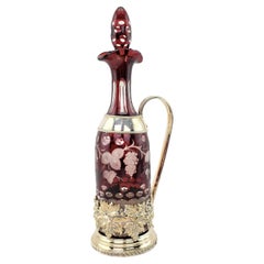 Antique Czech Ruby Cut to Clear Bottle Decanter with Ornate Silver Plated Stand