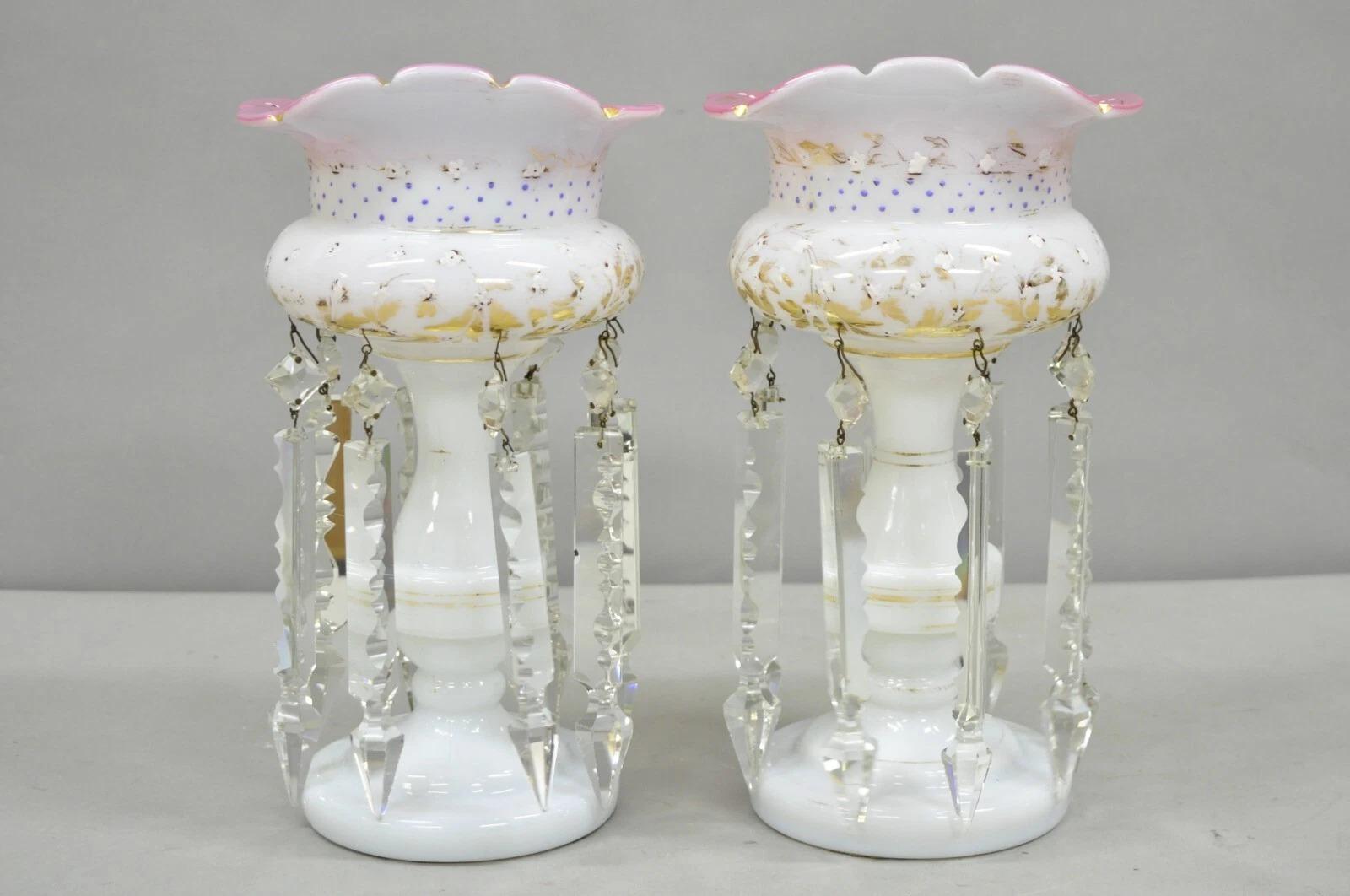 Lustres de cheminée anciens tchèques, victoriens, bohémiens, roses et blancs - une paire en vente 3
