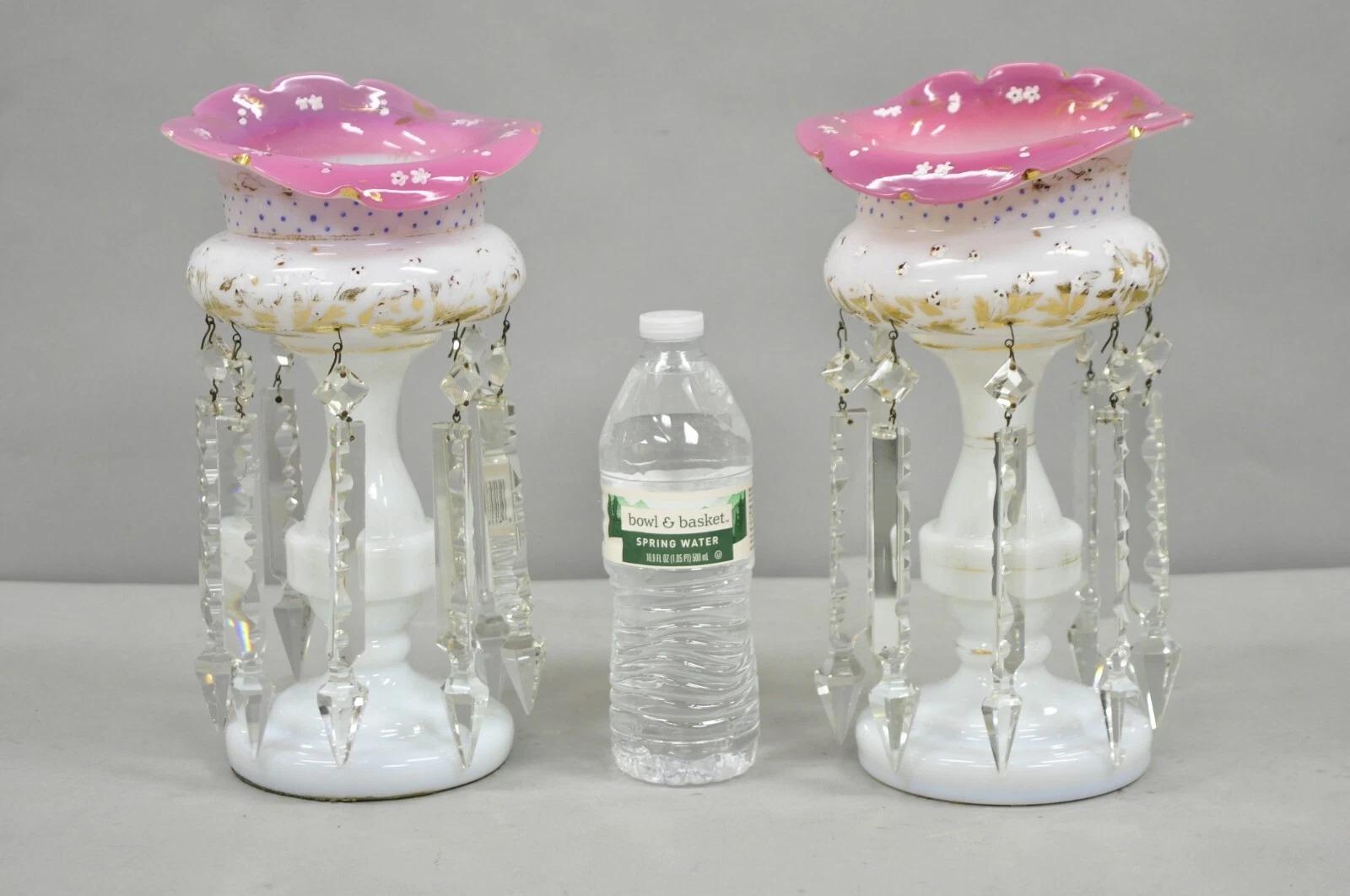 Antique Czech Victorian Bohemian Pink and White Small Mantel Lusters/Lustres with Rare Sculpted Rim (not electrified, decorative only) - a Pair. Circa Early 20th Century. Dimensions : 12
