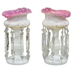 Lustres de cheminée anciens tchèques, victoriens, bohémiens, roses et blancs - une paire