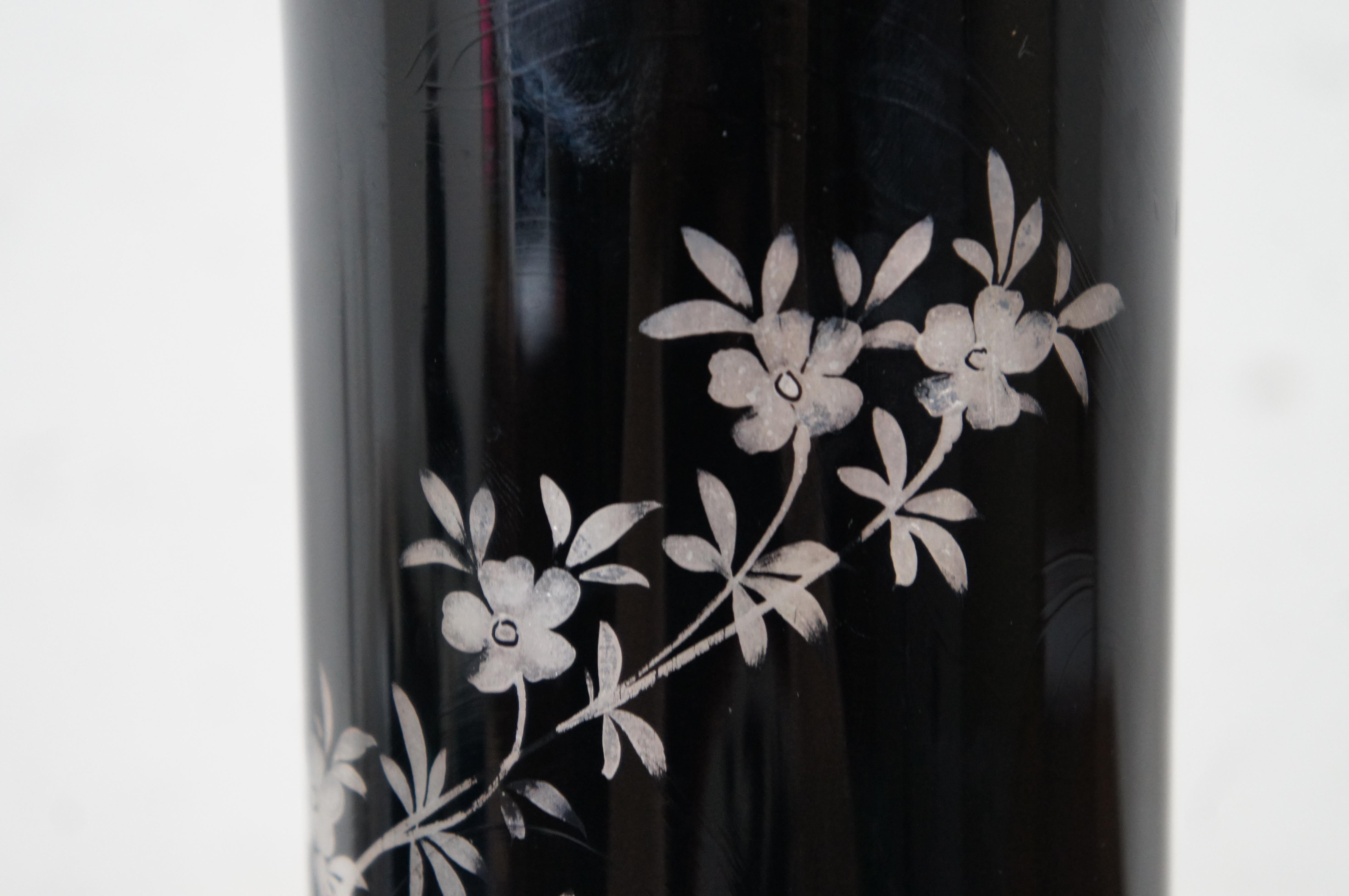 Antique Czechoslovakian Black Glass Silver Overlay Floral Bird Vase 11
