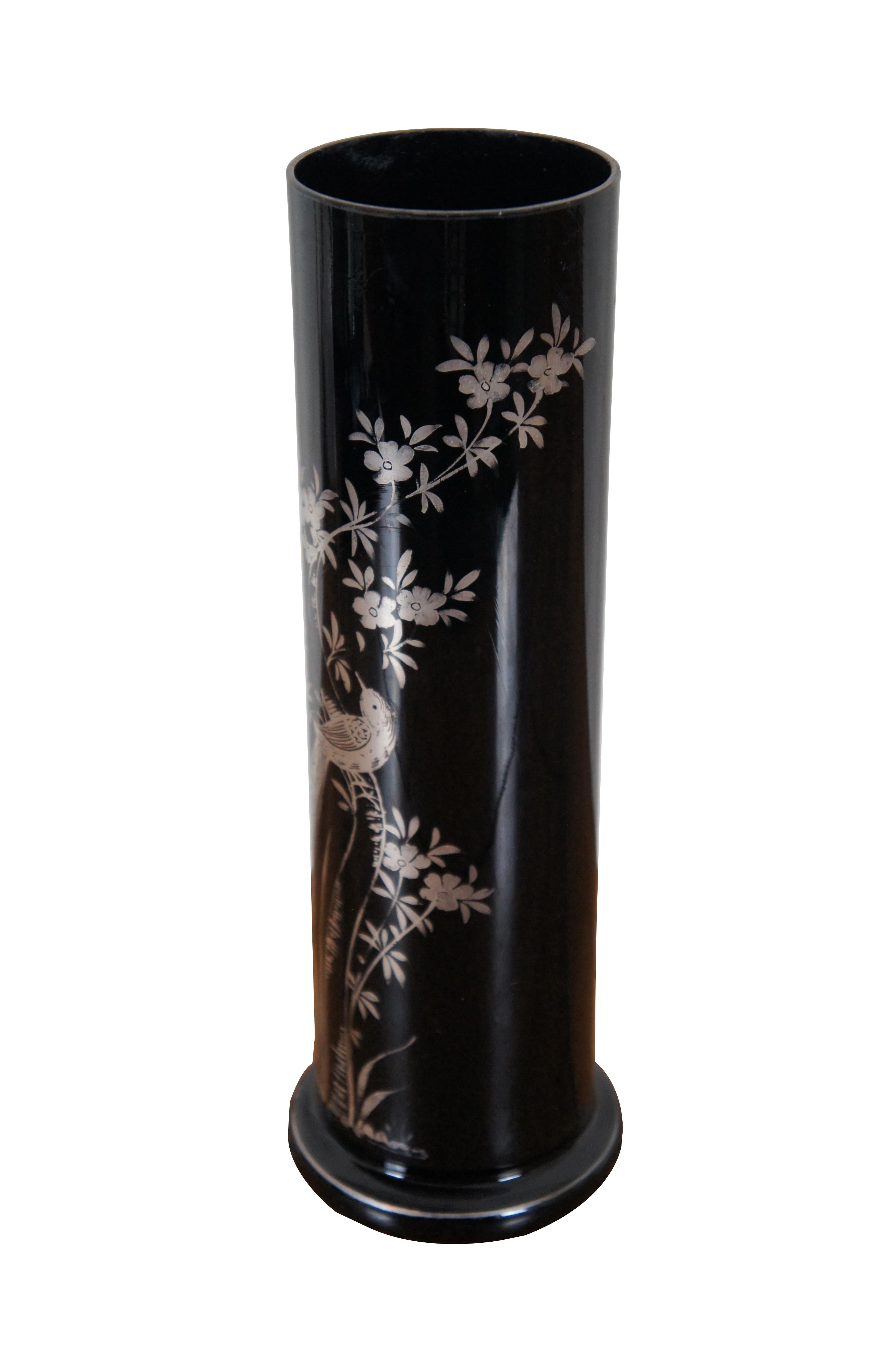 Antique Czech / Bohemian black glass cylindar bud vase featuring silver overlay scene with bird and flowers.

Dimensions:
3.75