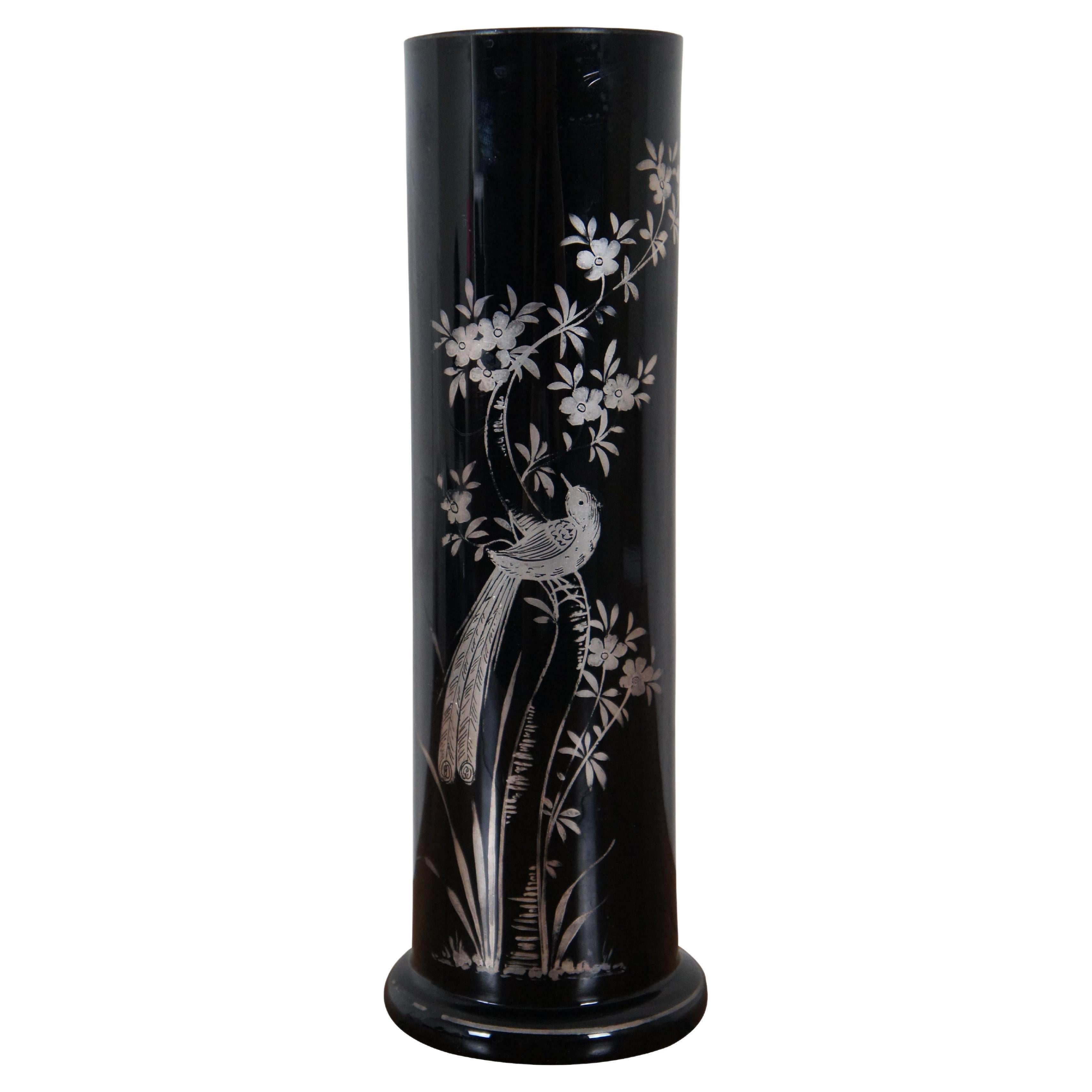 Antique Czechoslovakian Black Glass Silver Overlay Floral Bird Vase 11" For Sale