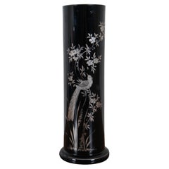 Antique Czechoslovakian Black Glass Silver Overlay Floral Bird Vase 11"