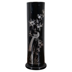 Retro Czechoslovakian Black Glass Silver Overlay Floral Bird Vase 11"