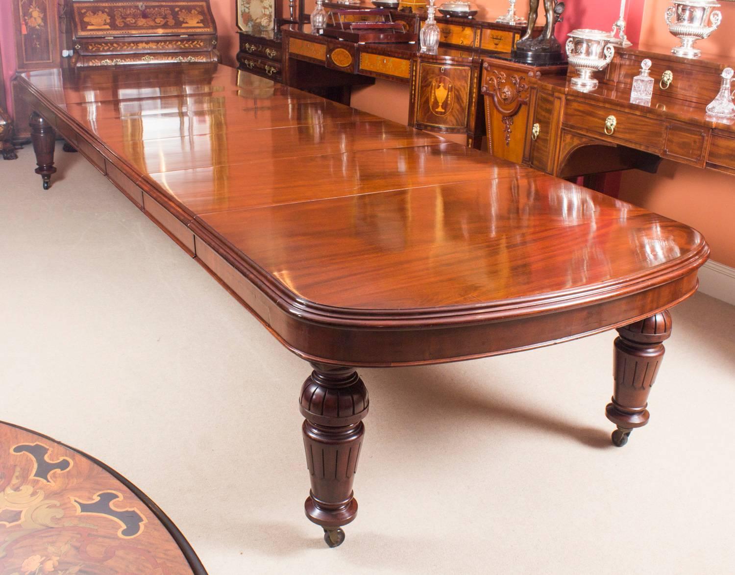 Victorian Antique D-End Mahogany Dining Table and 14 Upholstered Back Chairs, 19th Century