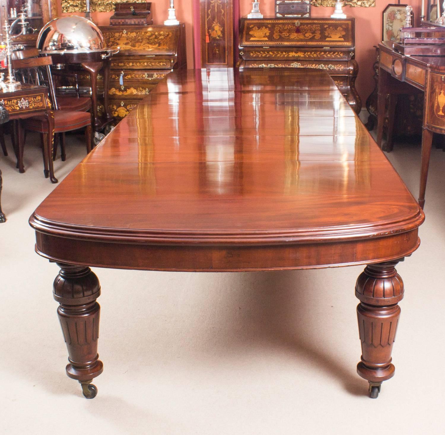 English Antique D-End Mahogany Dining Table and 14 Upholstered Back Chairs, 19th Century