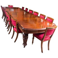 Antique D-End Mahogany Dining Table and 14 Upholstered Back Chairs, 19th Century
