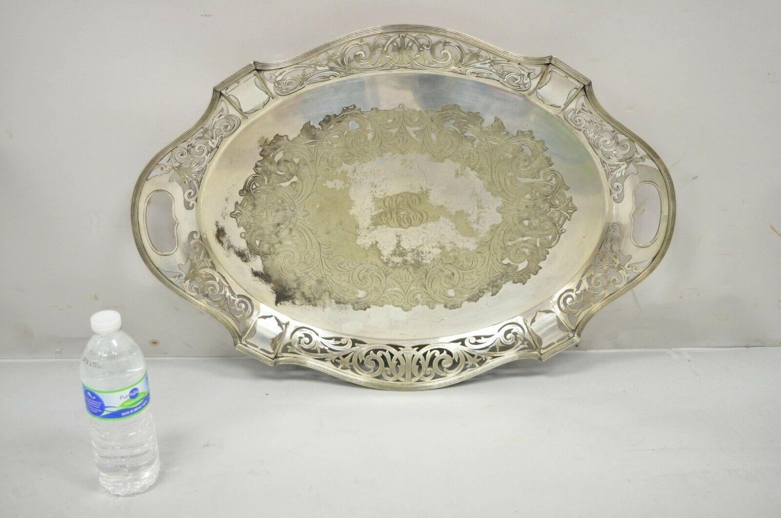 Regency Antique D & H England Silver Silver Plated Pierced Scalloped Platter Tray For Sale
