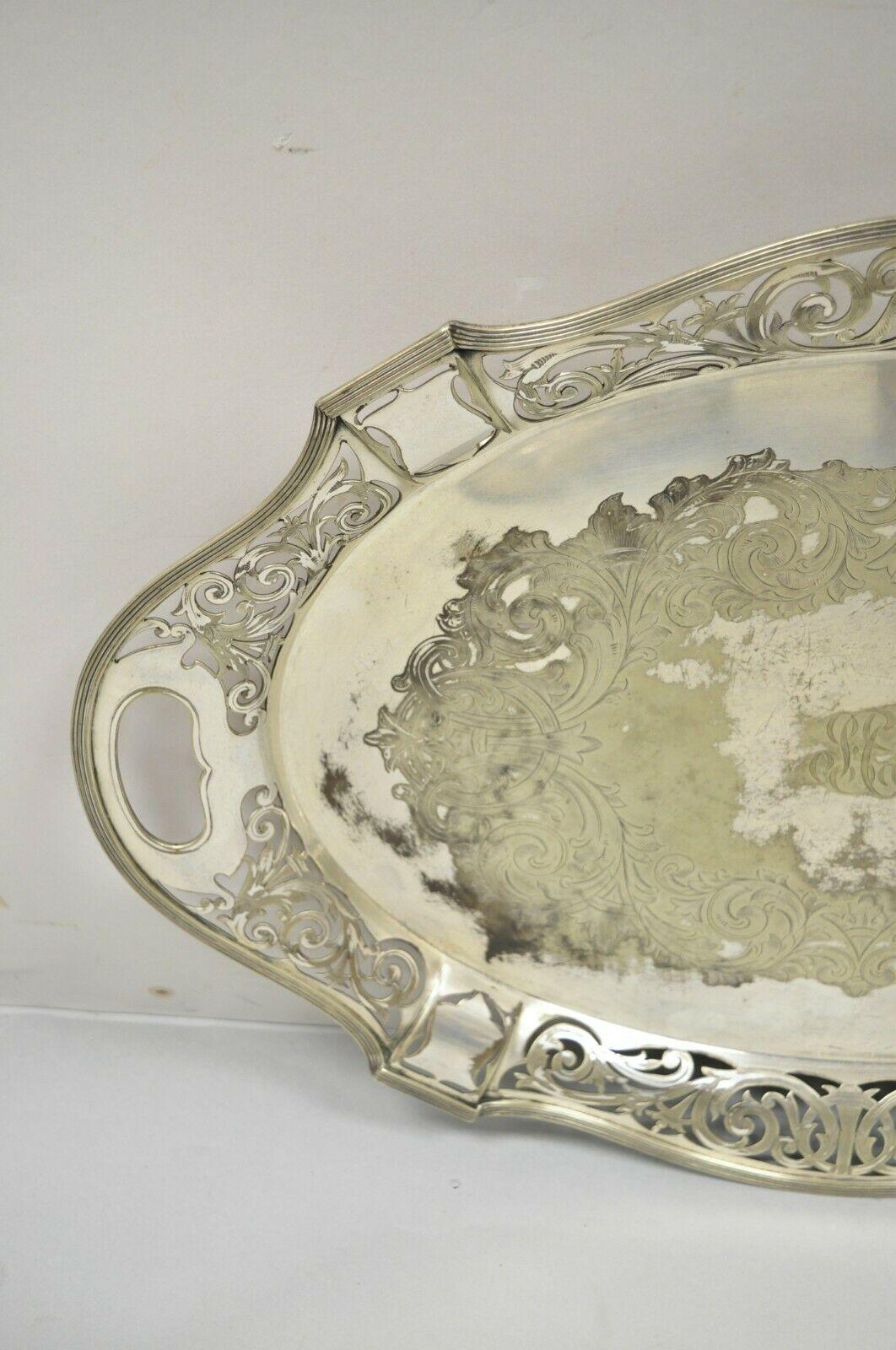 American Antique D & H England Silver Silver Plated Pierced Scalloped Platter Tray For Sale