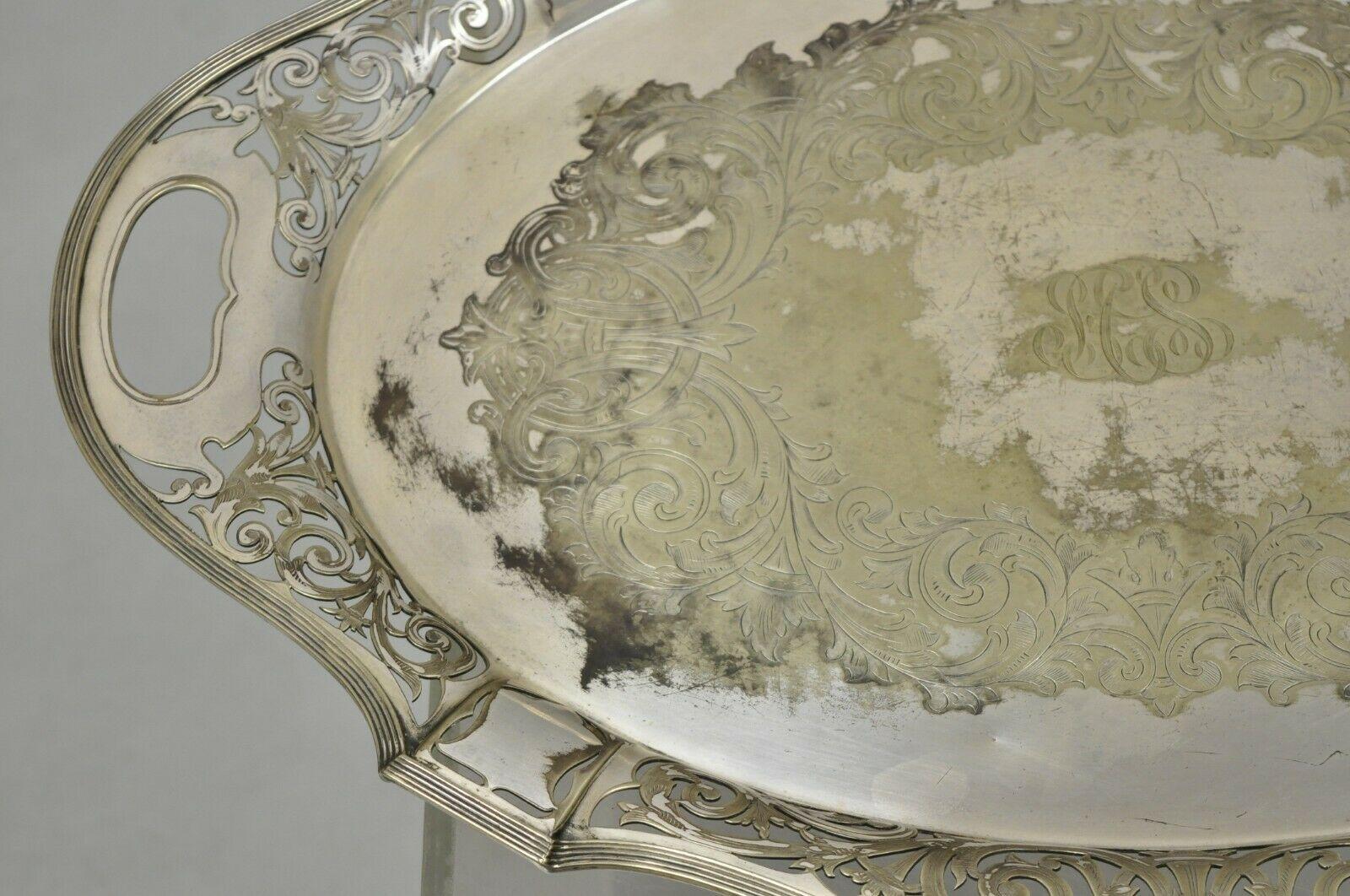 Antique D & H England Silver Silver Plated Pierced Scalloped Platter Tray In Fair Condition For Sale In Philadelphia, PA