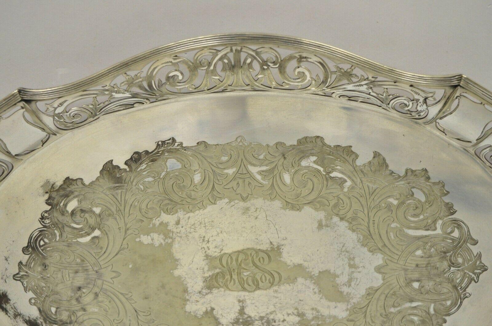 20th Century Antique D & H England Silver Silver Plated Pierced Scalloped Platter Tray For Sale