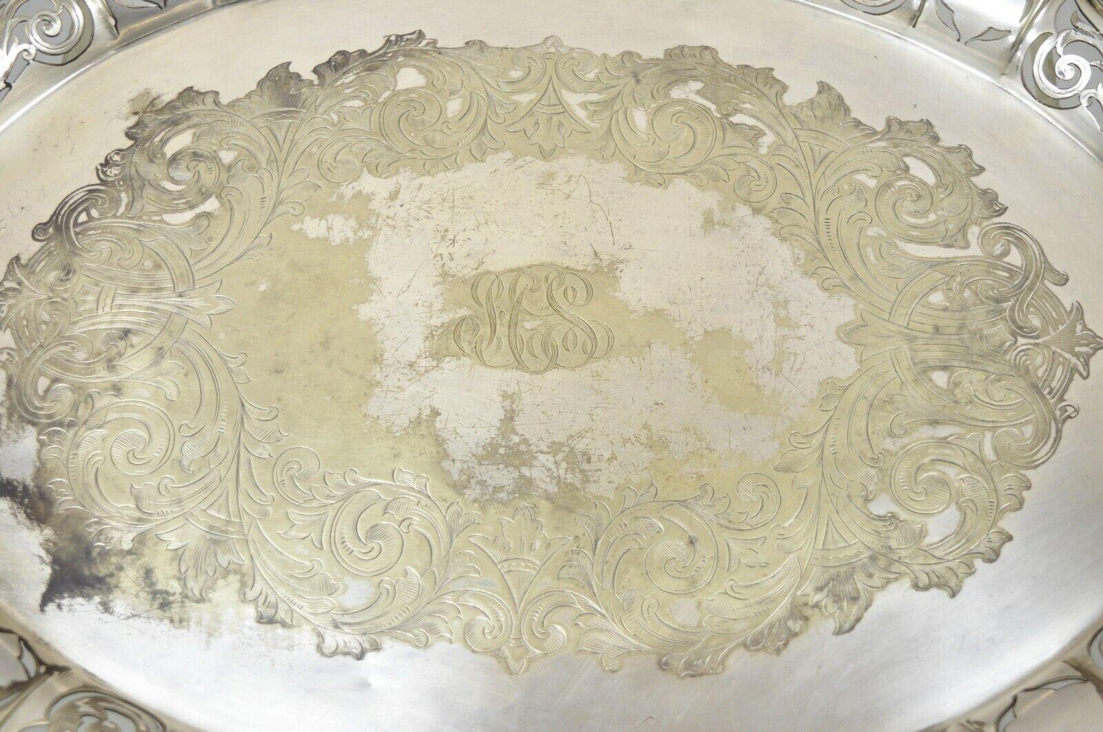 Antique D & H England Silver Silver Plated Pierced Scalloped Platter Tray For Sale 1