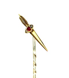 Antique Dagger/Knife Stick Pin with Ruby and Rose Cut Diamonds in 18 Carat Gold