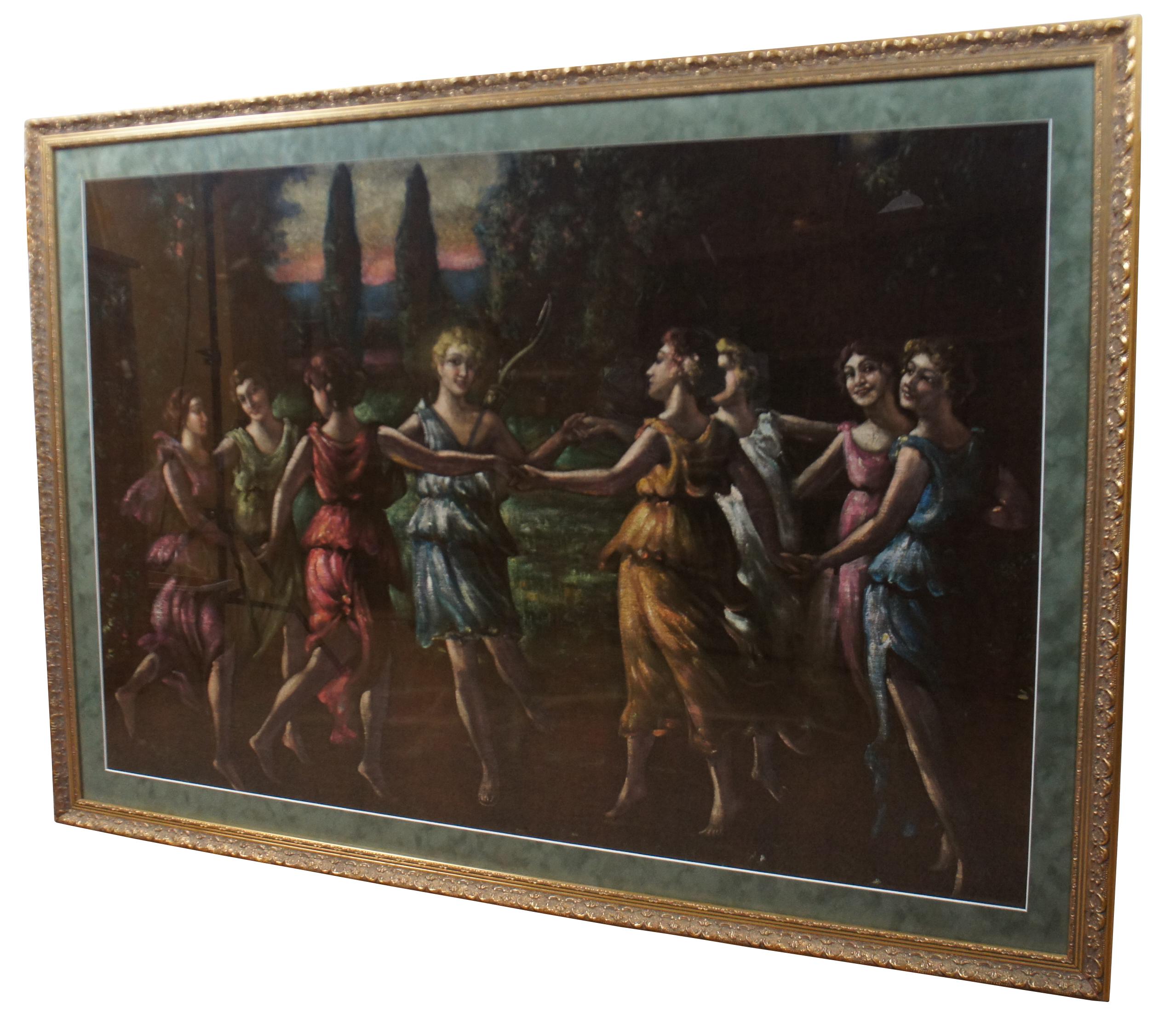A large antique original oil painting re-imagining “The Dance of Apollo with the Muses” by Baldassare Peruzzi. “Baldassare Tommaso Peruzzi (7 March 1481 – 6 January 1536) was an Italian architect and painter, born in a small town near Siena (in