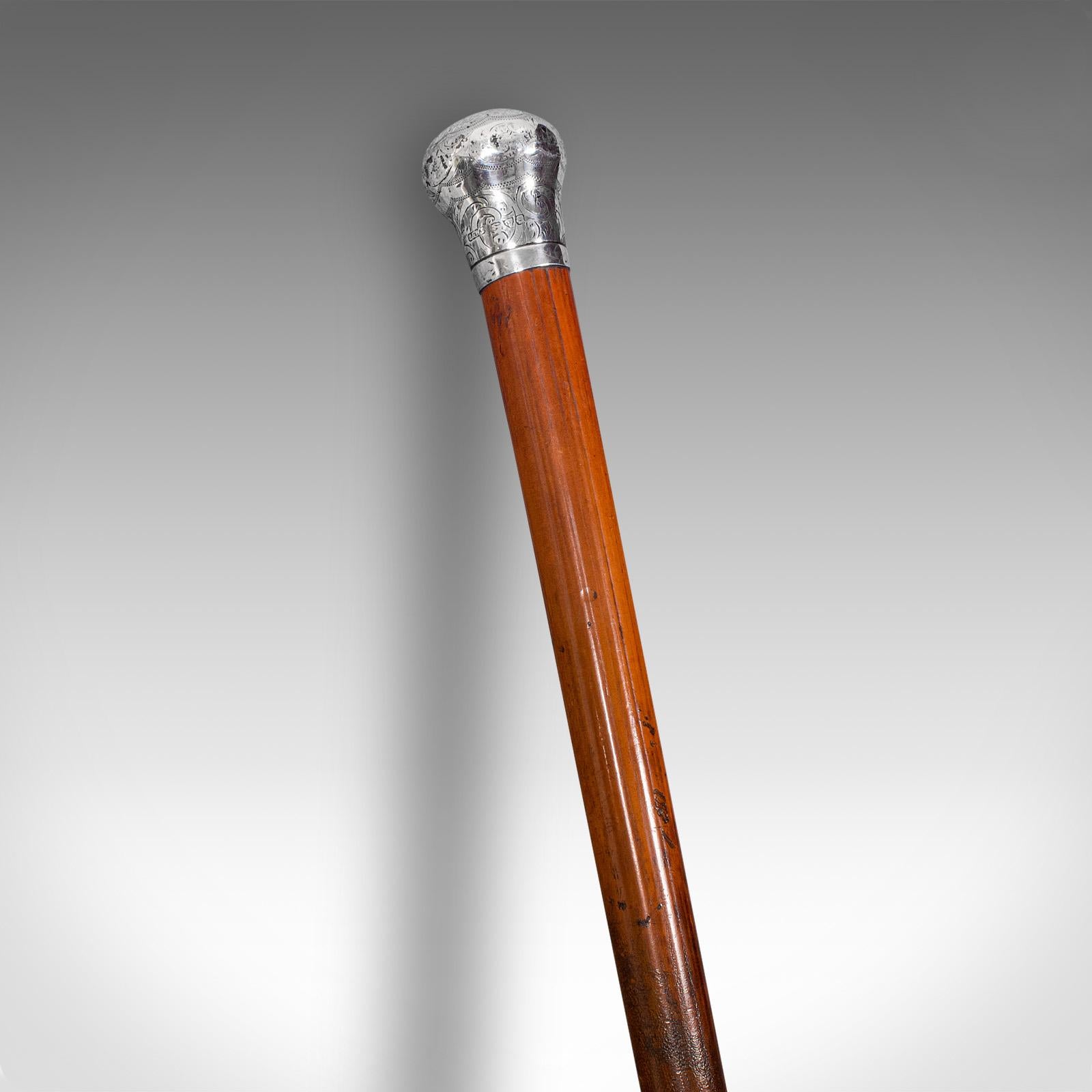 Late Victorian Antique Dandy's Walking Cane, English, Fruitwood Stick, Silver Handle, Victorian