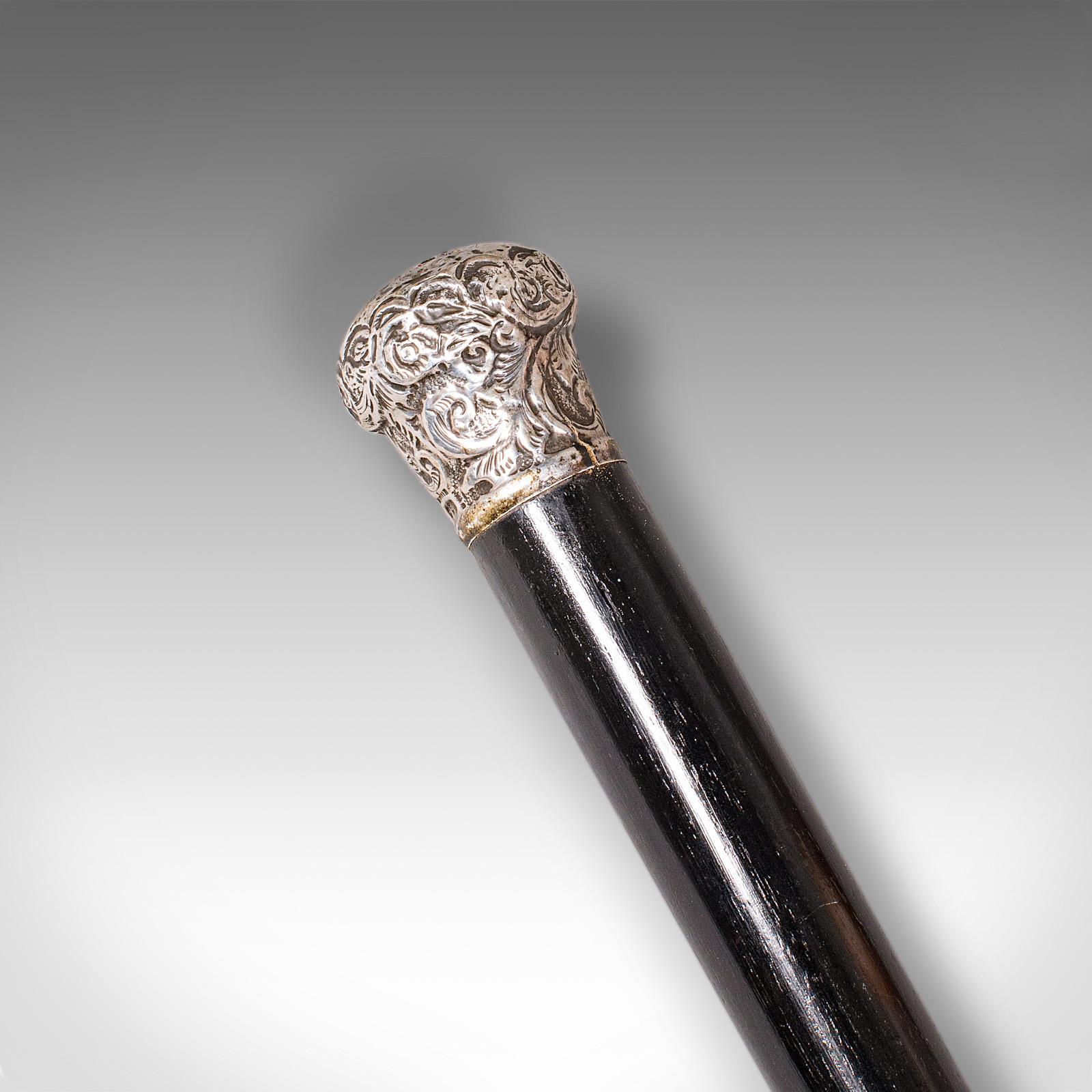 Argent sterling Ancienne canne de dandy, anglaise, bâton, ébénisterie, victorienne, 1889 Hallmark en vente