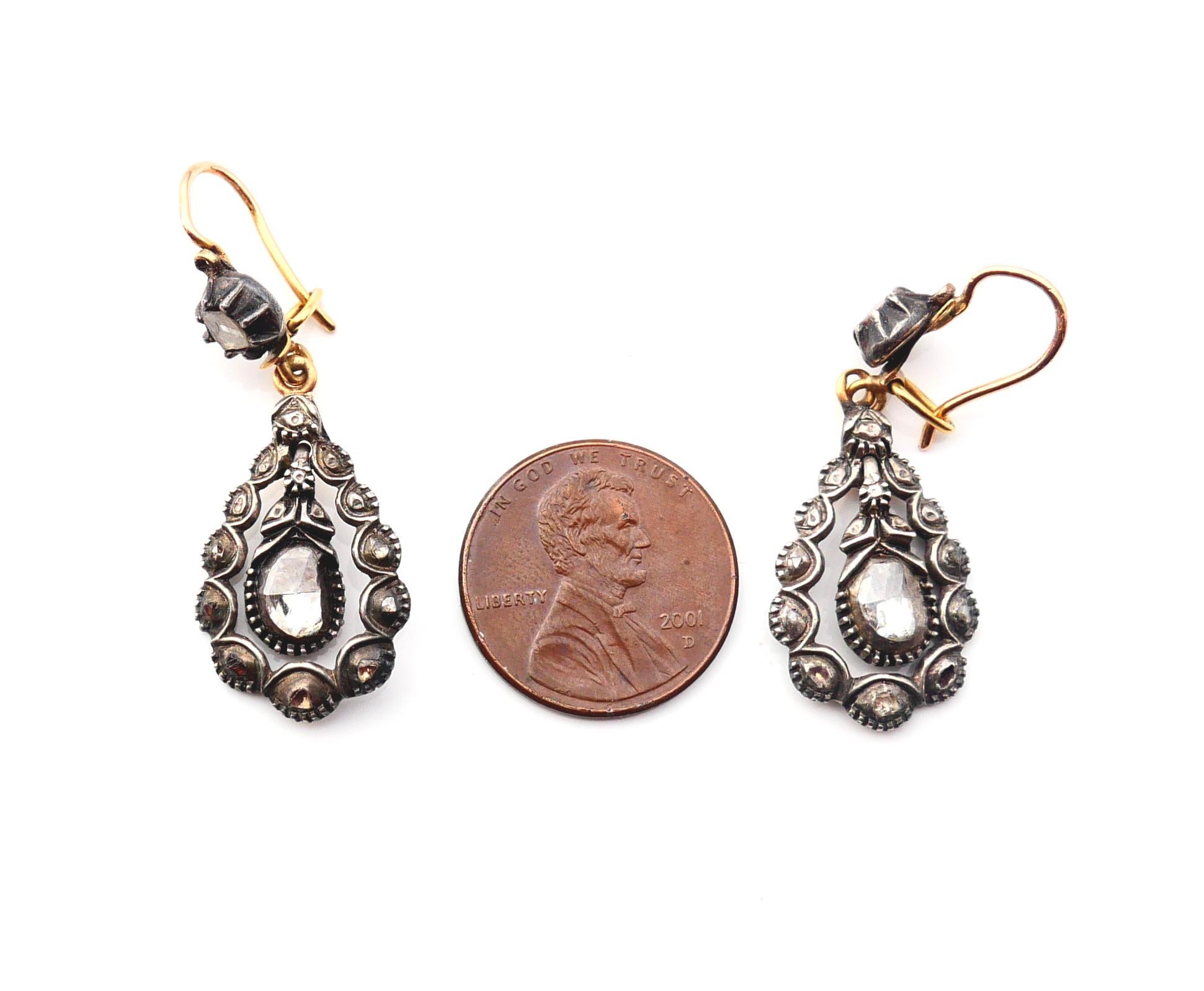 Antique Dangle Earrings 2 ctw Diamonds 18K Gold Silver /7.8gr For Sale 5