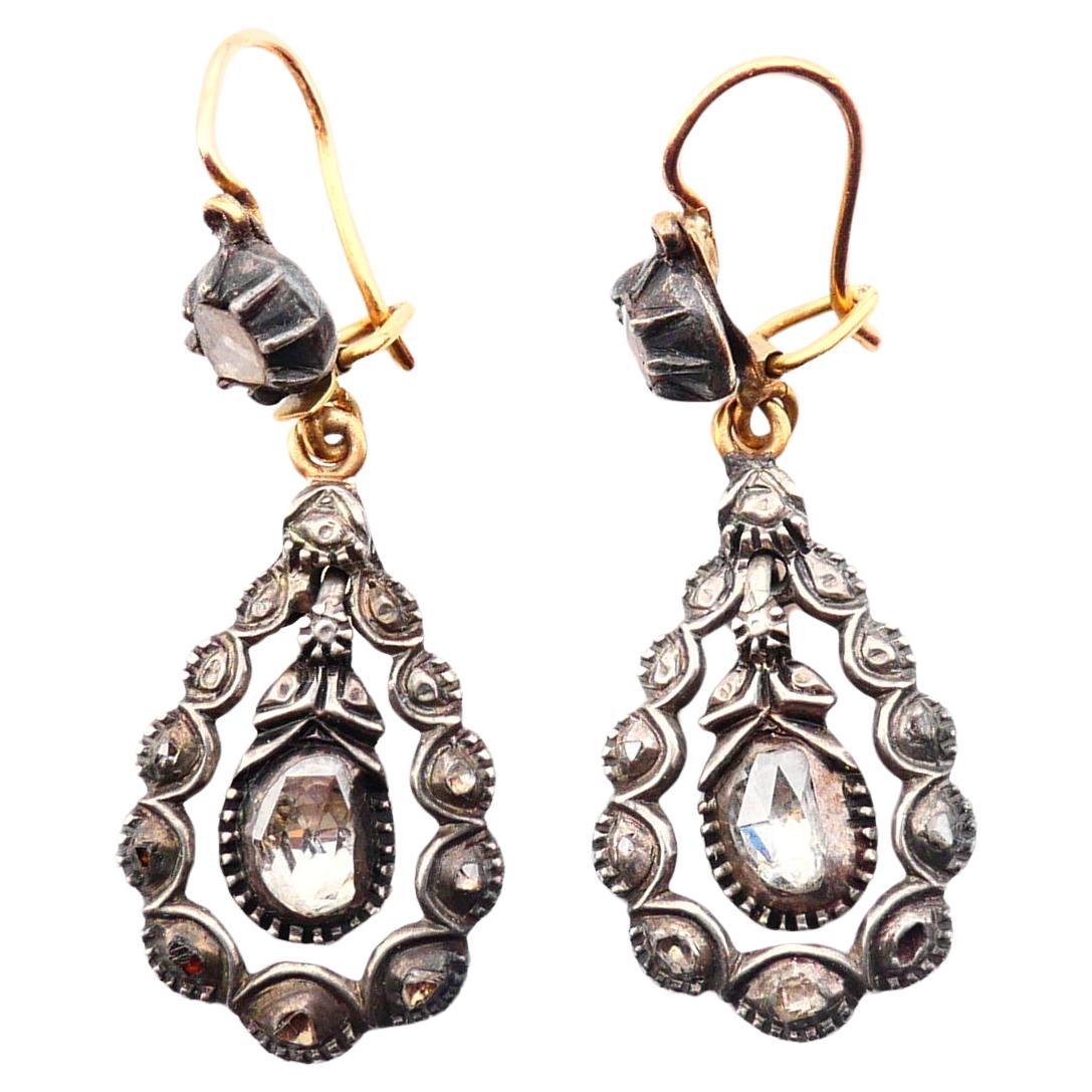 Pendants d'oreilles anciens 2 carats de diamants or 18 carats argent 7,8 g en vente