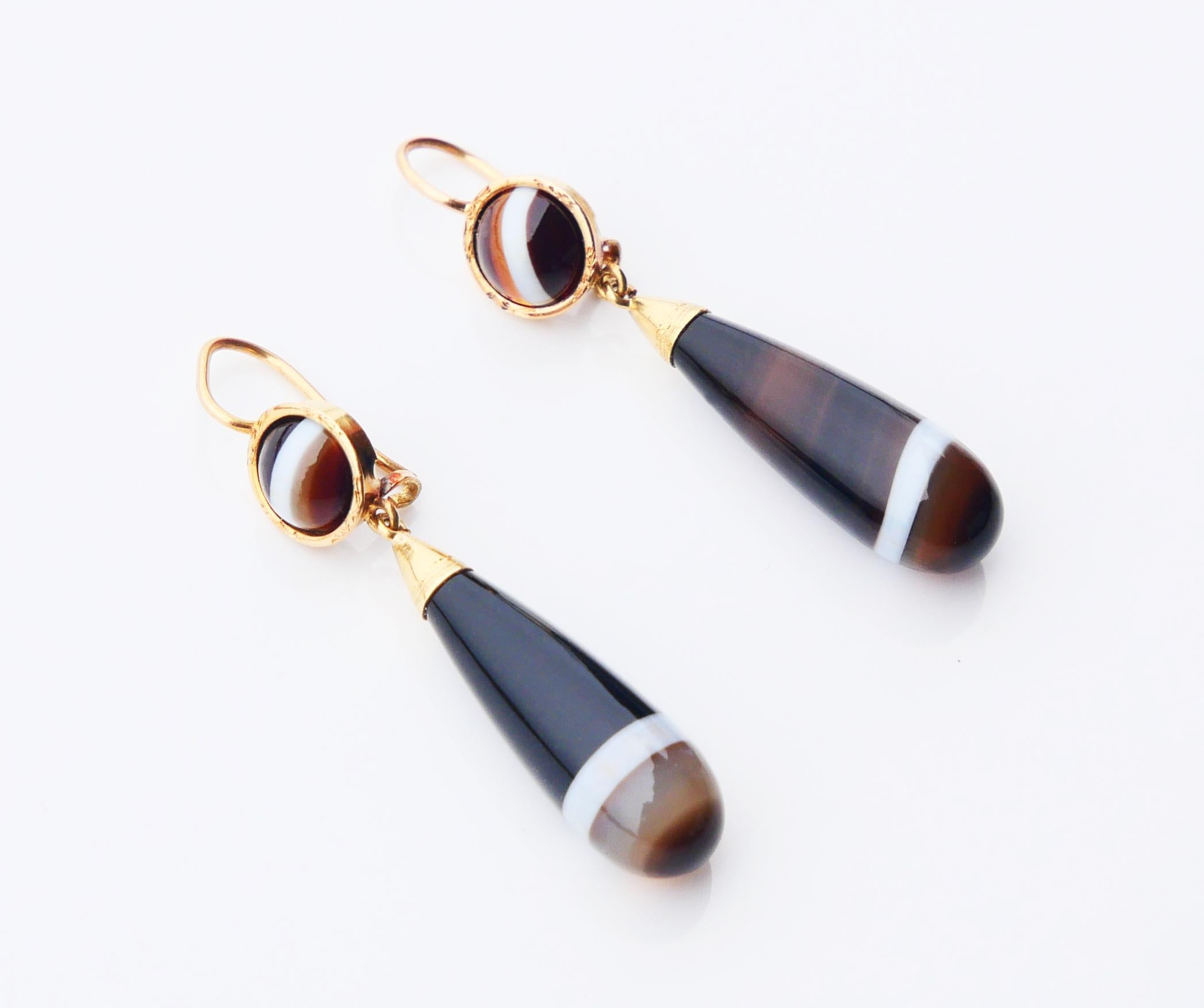 Cabochon Antique Dangle Earrings Banded Chalcedony solid 18K Gold / 6 gr For Sale