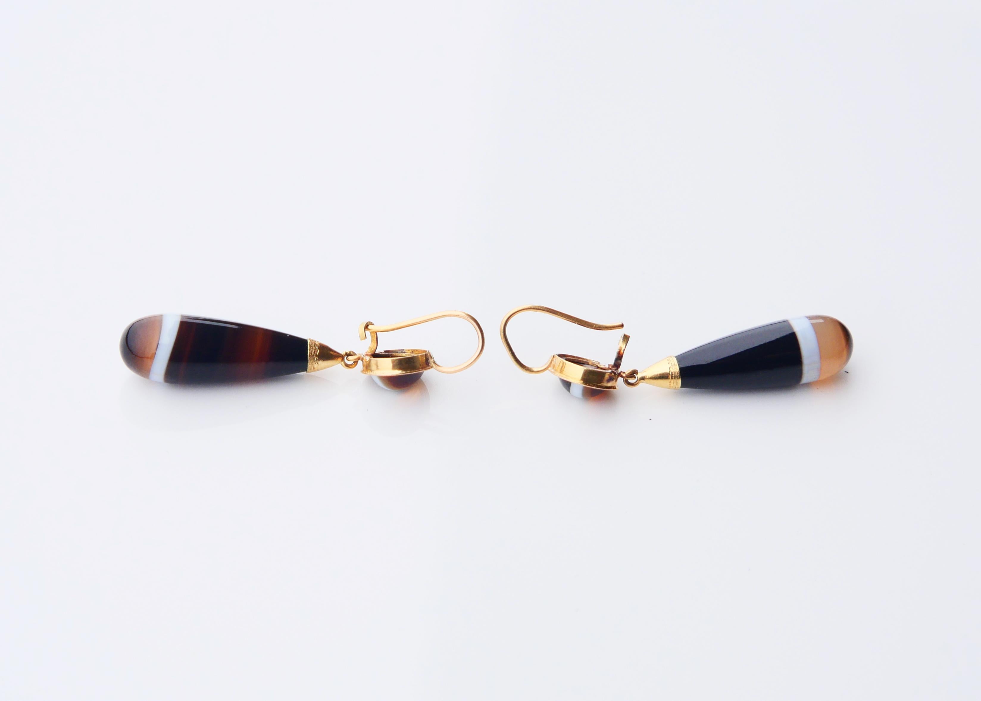 Women's Antique Dangle Earrings Banded Chalcedony solid 18K Gold / 6 gr For Sale