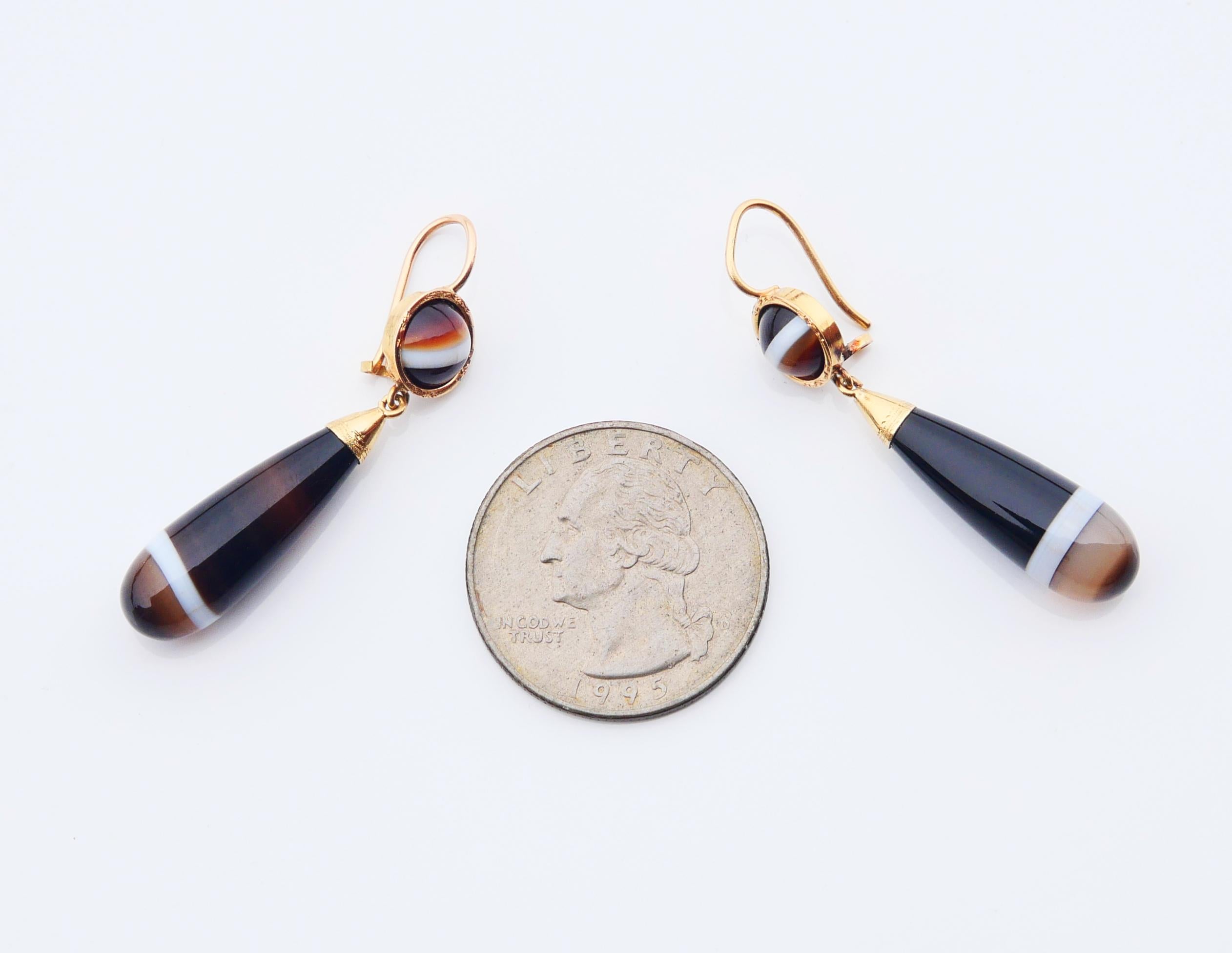 Antique Dangle Earrings Banded Chalcedony solid 18K Gold / 6 gr For Sale 2
