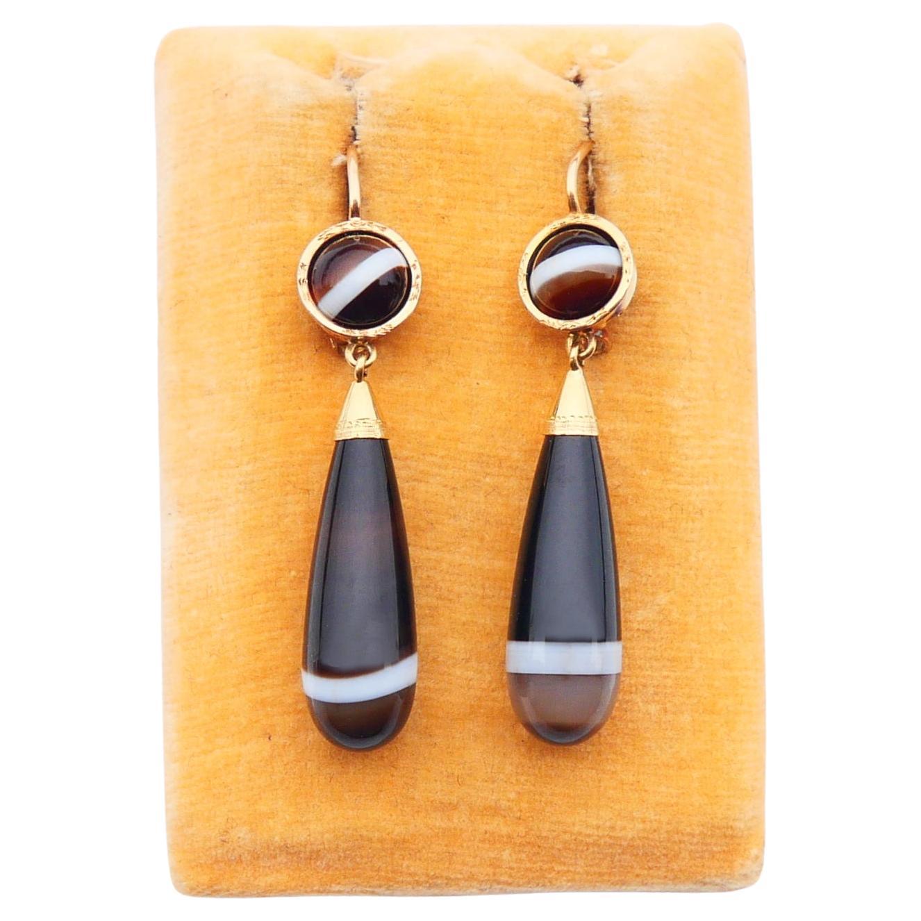 Antique Dangle Earrings Banded Chalcedony solid 18K Gold / 6 gr
