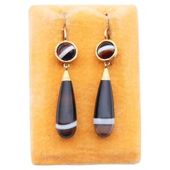 Antique Dangle Earrings Banded Chalcedony solid 18K Gold / 6 gr