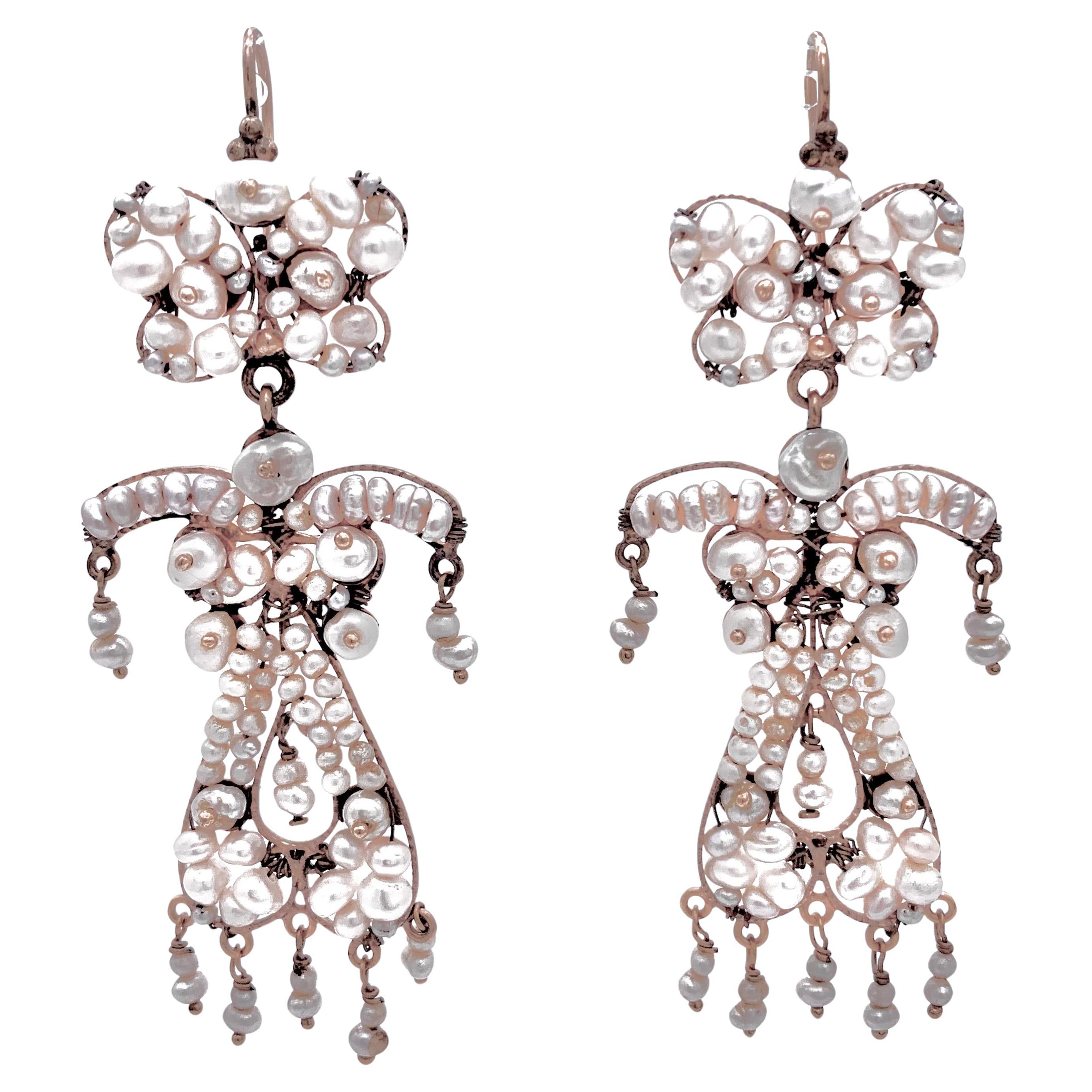 Antique Dangle Earrings Girandole Earrings Natural Oriental Pears Gold Butterfly