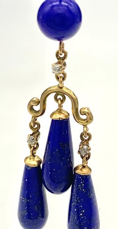 Antique Dangling Drop goold Earrings Lapis Lazuli Diamonds