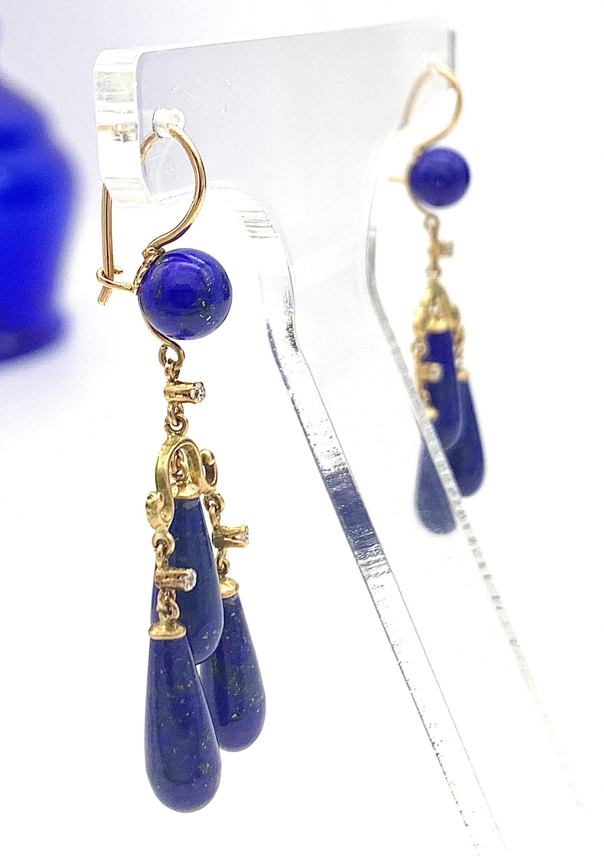 Greek Revival Antique Dangling Drop goold Earrings Lapis Lazuli Diamonds  For Sale