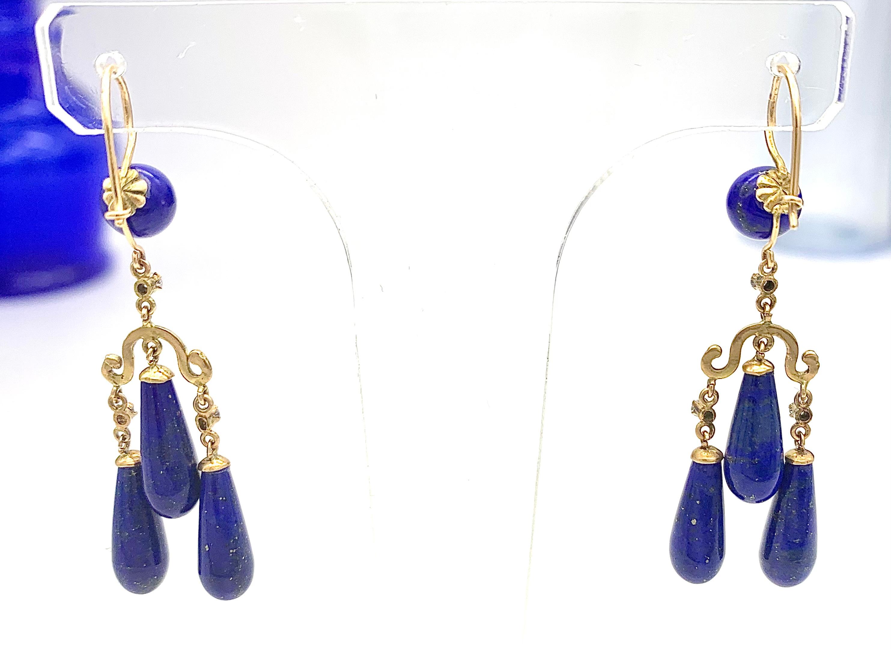 Old European Cut Antique Dangling Drop goold Earrings Lapis Lazuli Diamonds  For Sale